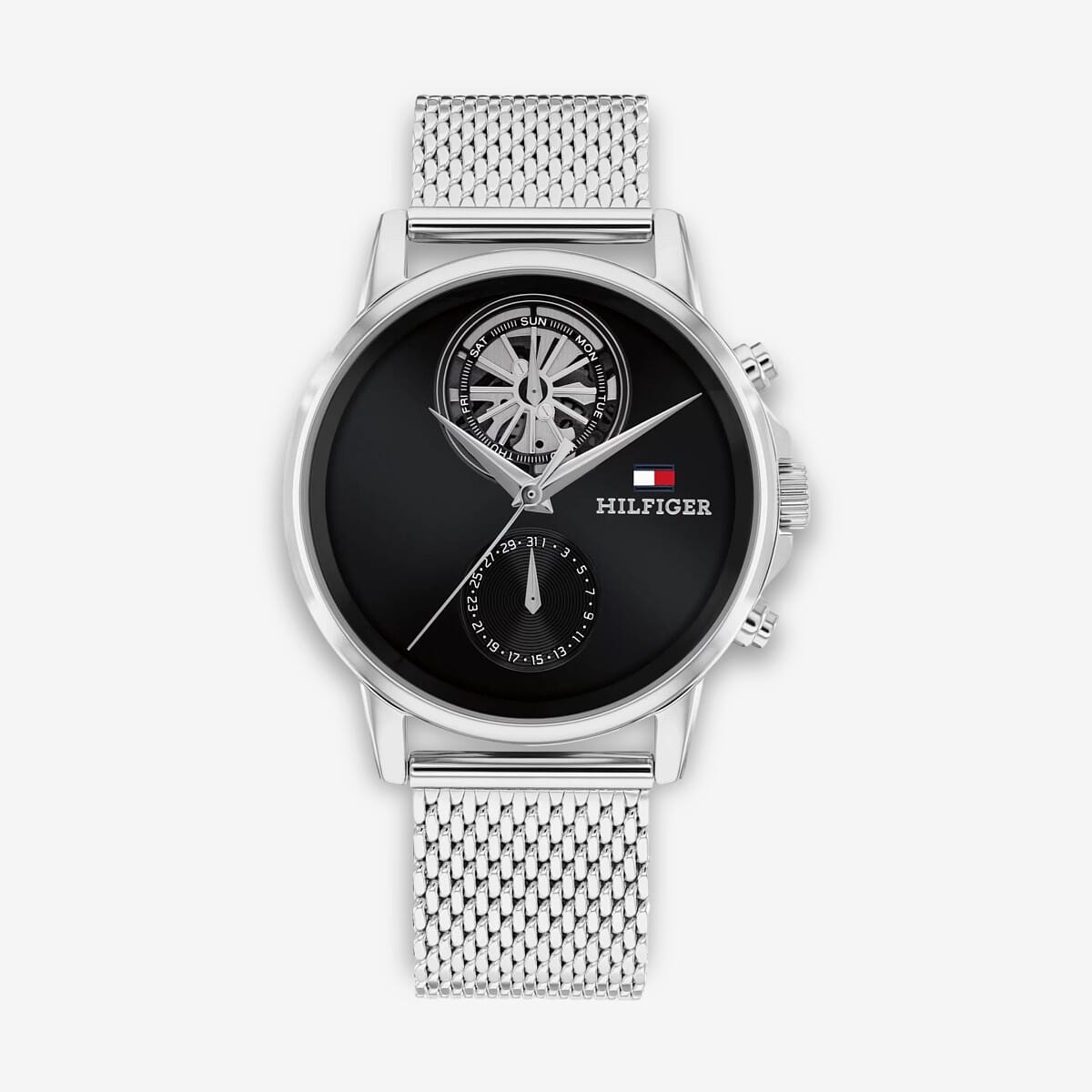 Vista frontal del Reloj Tommy Hilfiger negro con brazalete de malla y esfera negra - 1710749