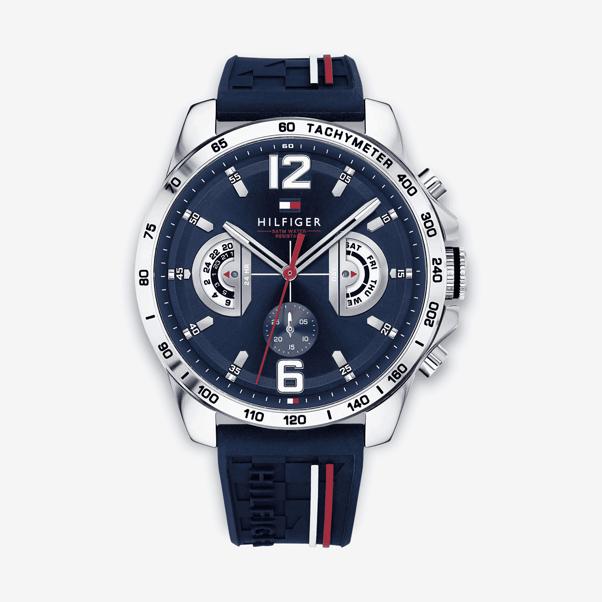 Vista frontal del Reloj Tommy Hilfiger resistente al agua con rayas distintivas con brazalete de silicona y esfera azul - 1791476
