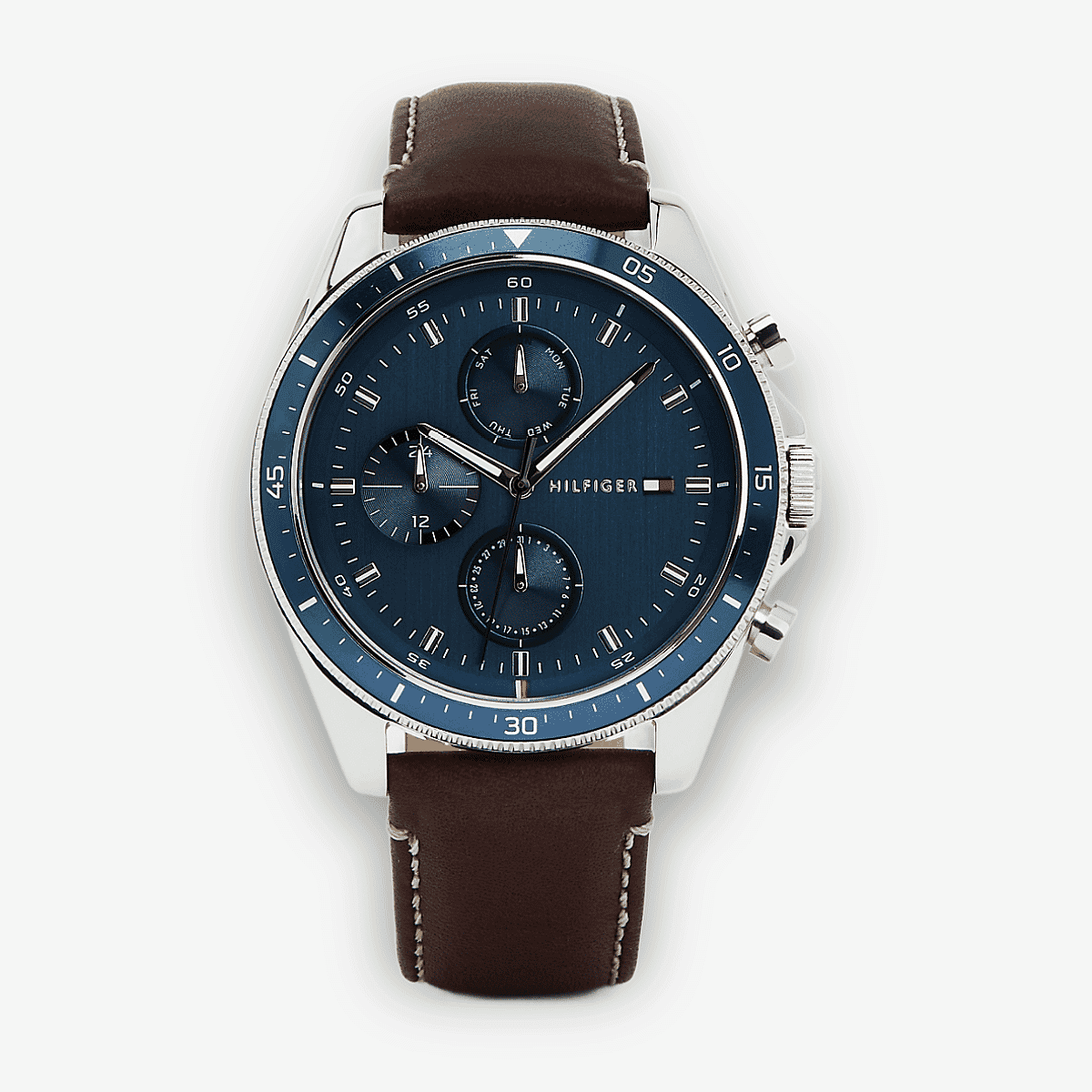 Vista frontal del Reloj Tommy Hilfiger con correa de piel marrón con esfera azul y caja de acero - 1791837