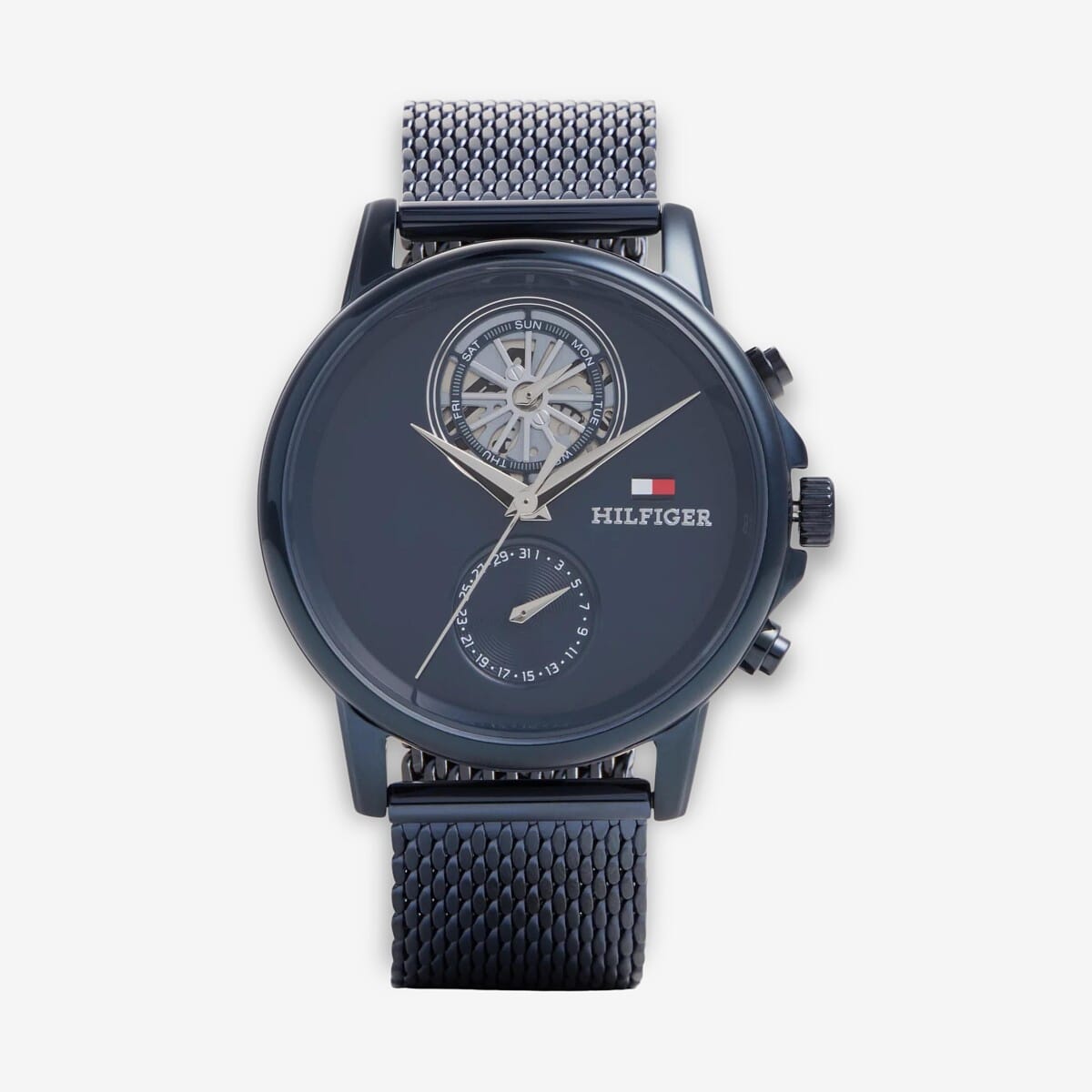 Vista frontal del Reloj Tommy Hilfiger azul con brazalete de malla con brazalete de malla y esfera azul - 1710750