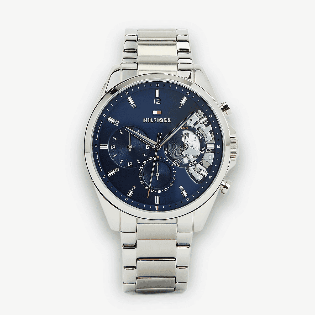Vista frontal del Reloj Tommy Hilfiger de acero inoxidable con esfera azul con brazalete de acero y esfera azul - 1710448