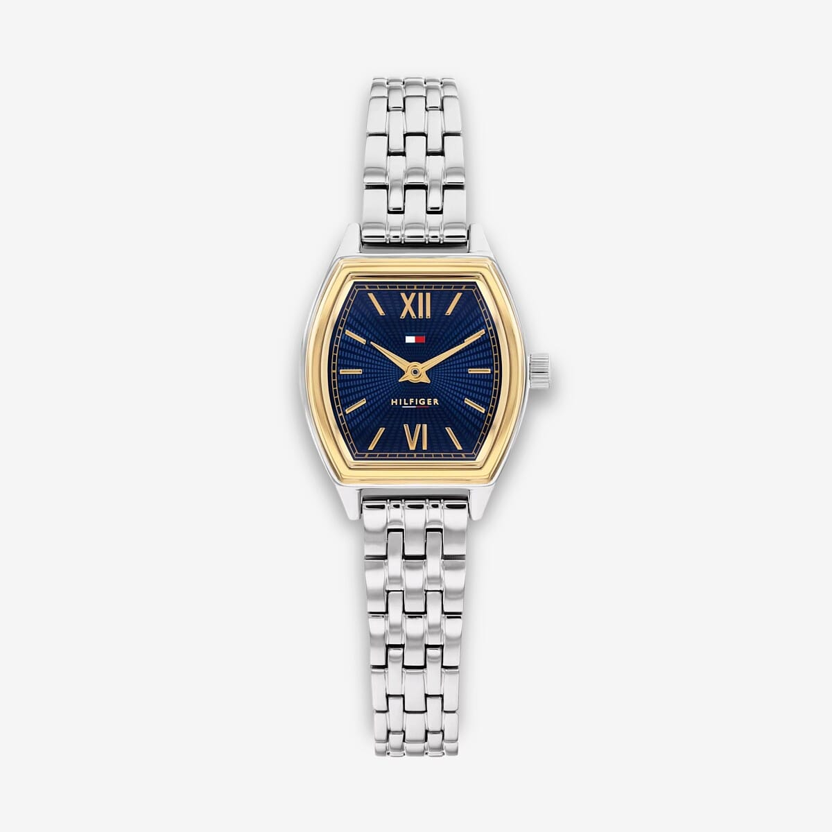 Vista frontal del Reloj Tommy Hilfiger de eslabones con esfera azul cuadrada con esfera azul texturizada y brazalete de acero - 1782869