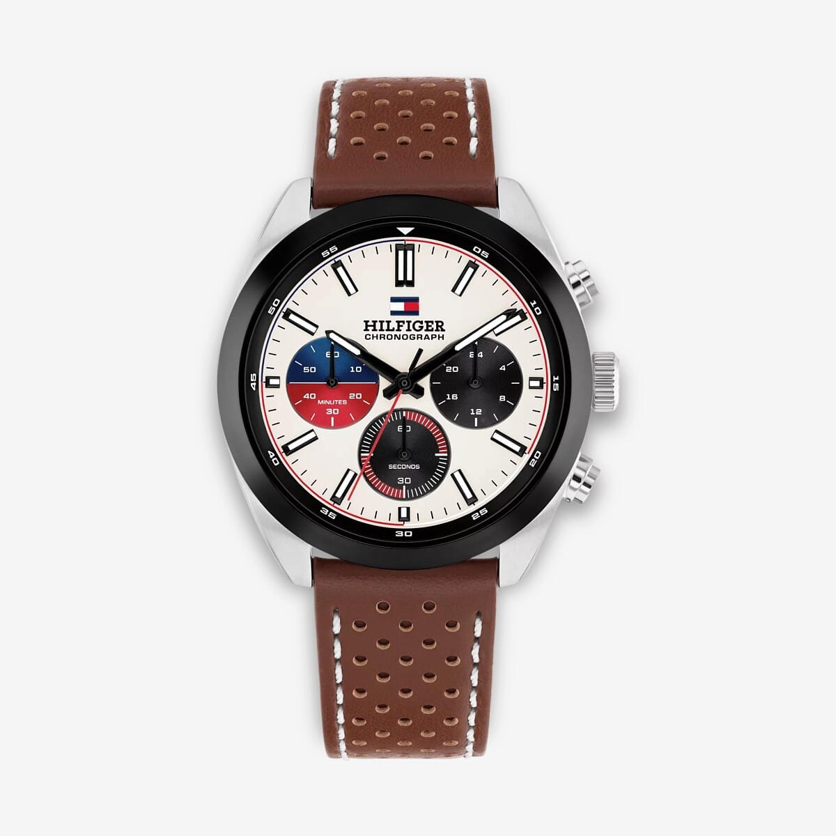 Vista frontal del Reloj Tommy Hilfiger marrón con bisel a contraste con brazalete de piel y esfera beis - 1710765