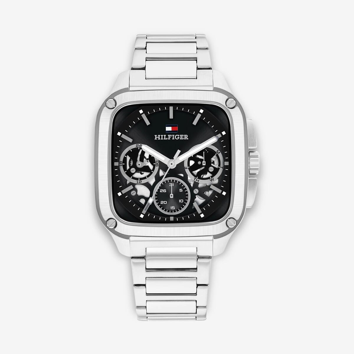Vista frontal del Reloj Tommy Hilfiger de acero inoxidable con esfera cuadrada con brazalete de acero y esfera negra - 1710758