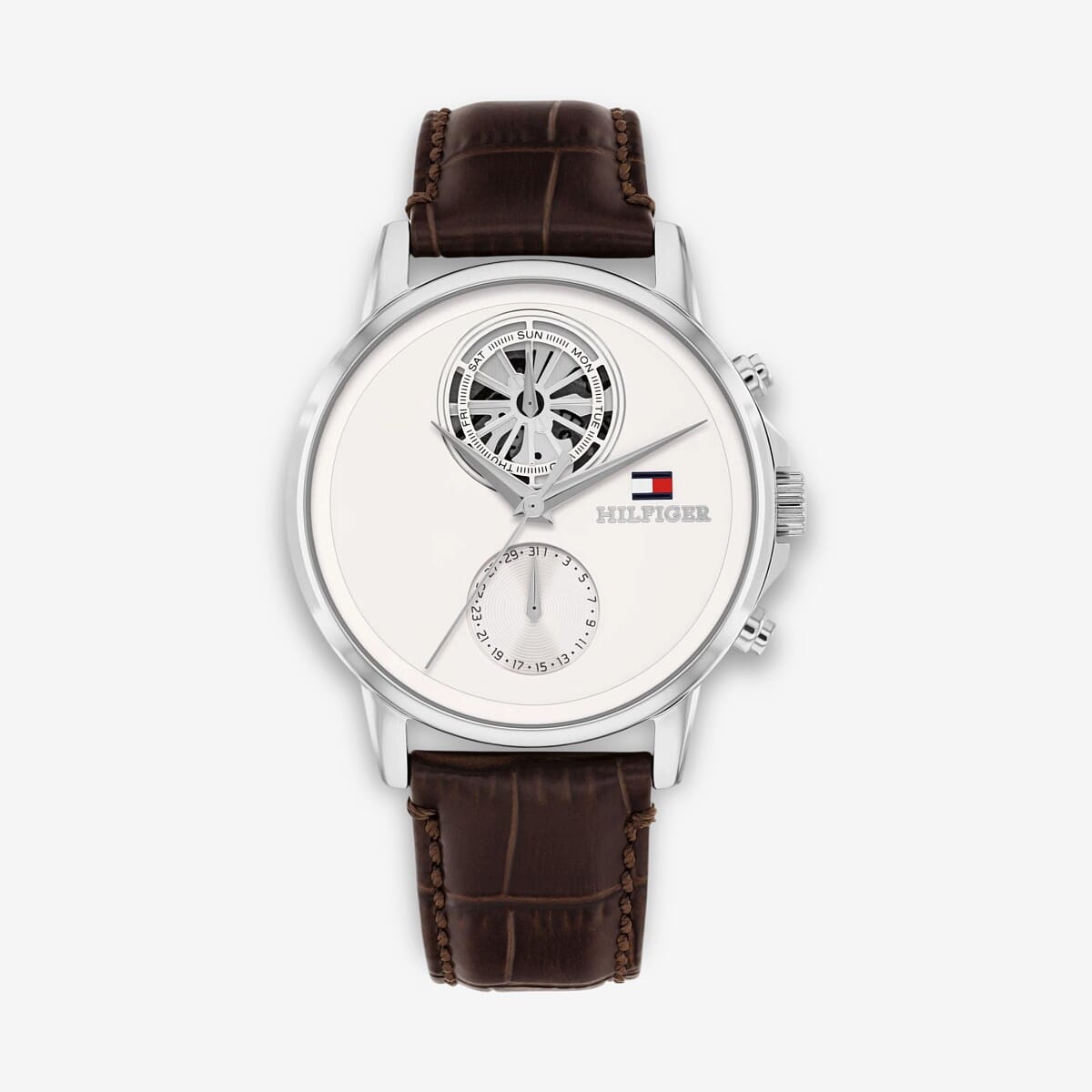 Vista frontal del Reloj Tommy Hilfiger con correa de piel con efecto cocodrilo y esfera blanca - 1710746