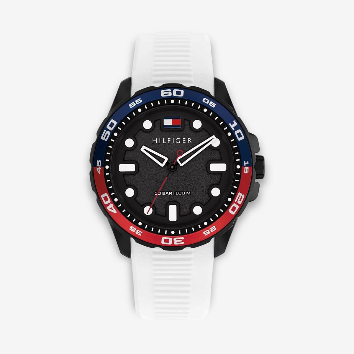 Vista frontal del Reloj Tommy Hilfiger con bisel distintivo y correa blanca con esfera negra y brazalete de silicona - 1792264
