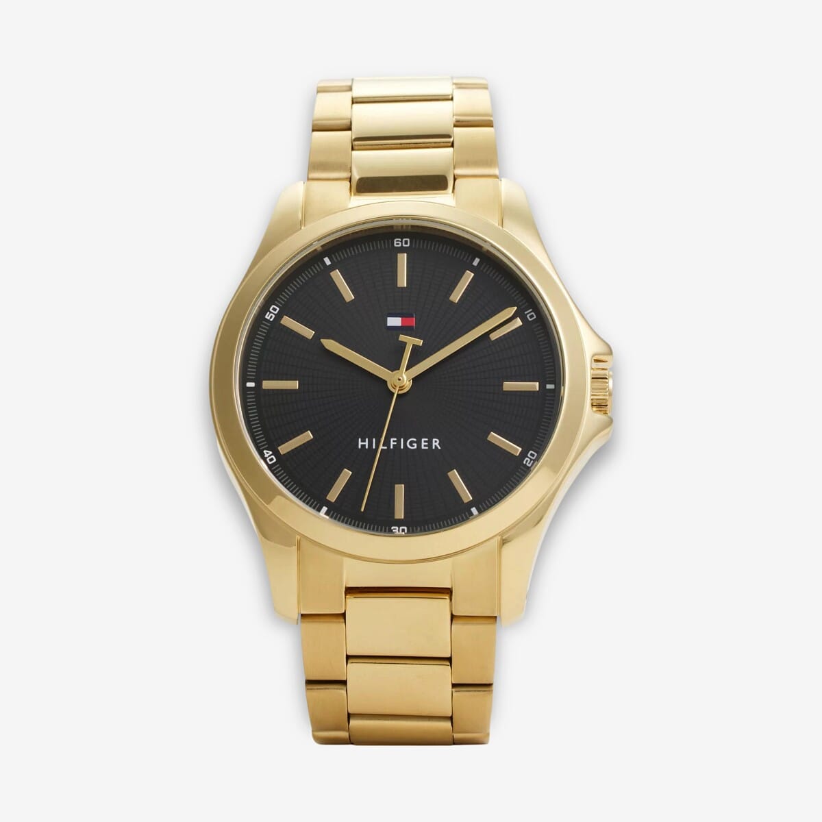Vista frontal del Reloj Tommy Hilfiger con brazalete de eslabones con esfera negra y detalles dorados - 1792241