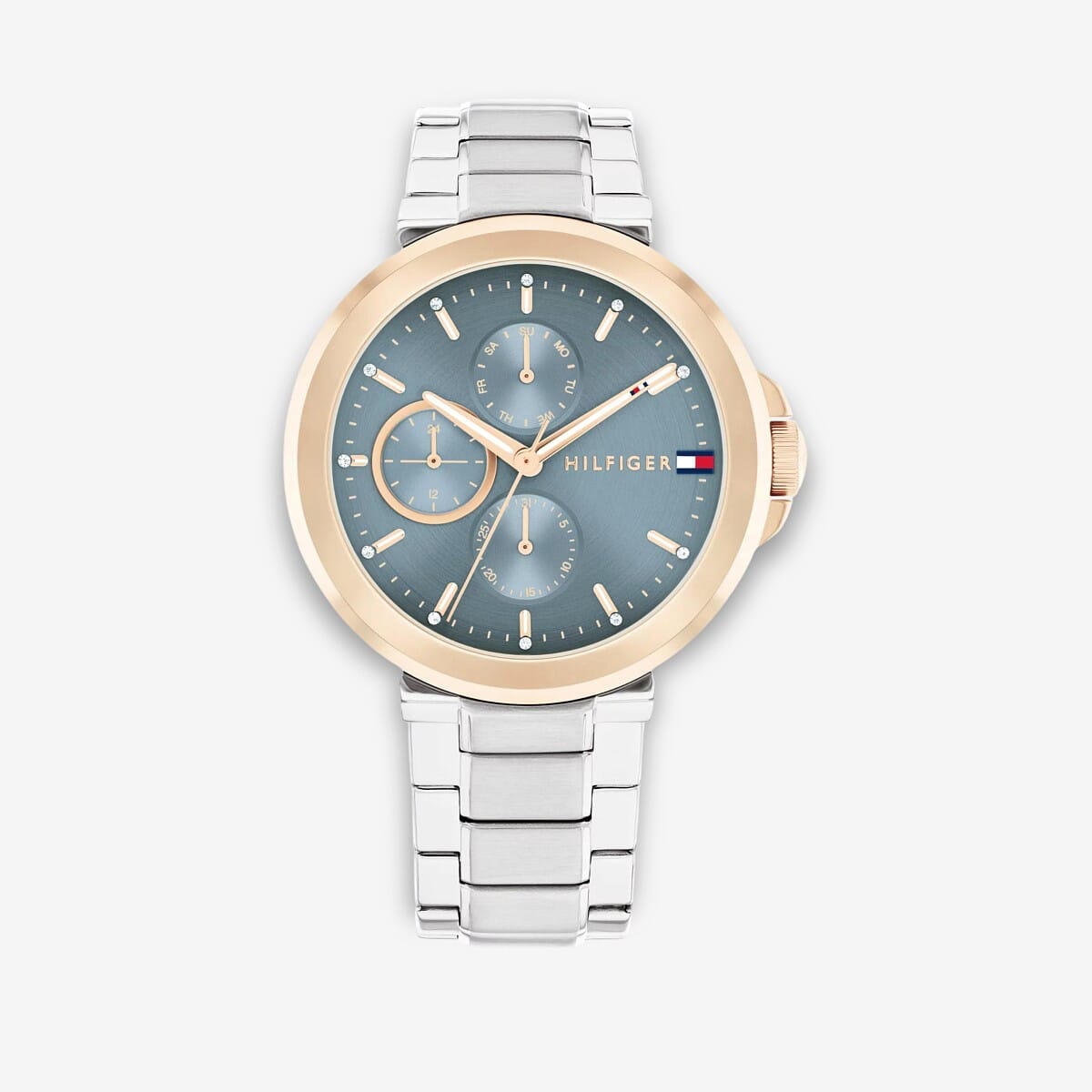 Vista frontal del Reloj Tommy Hilfiger de acero inoxidable con esfera azul y caja de oro rosa - 1782754