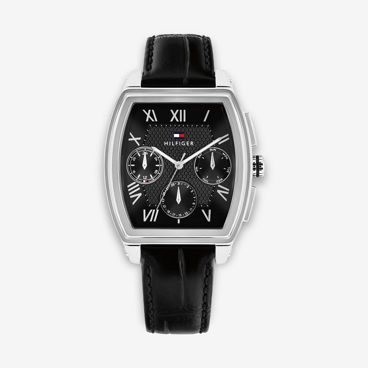 Vista frontal del Reloj Tommy Hilfiger con esfera cuadrada y correa de piel con brazalete de piel y esfera negra - 1710761