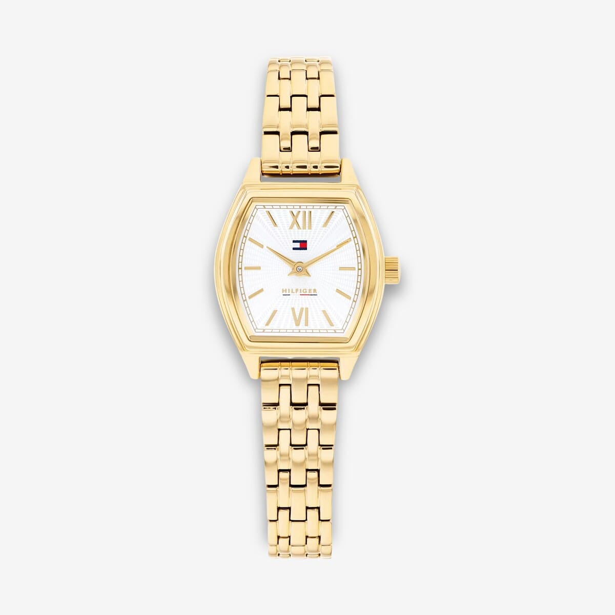 Vista frontal del Reloj Tommy Hilfiger de eslabones con esfera blanca cuadrada con brazalete dorado - 1782870