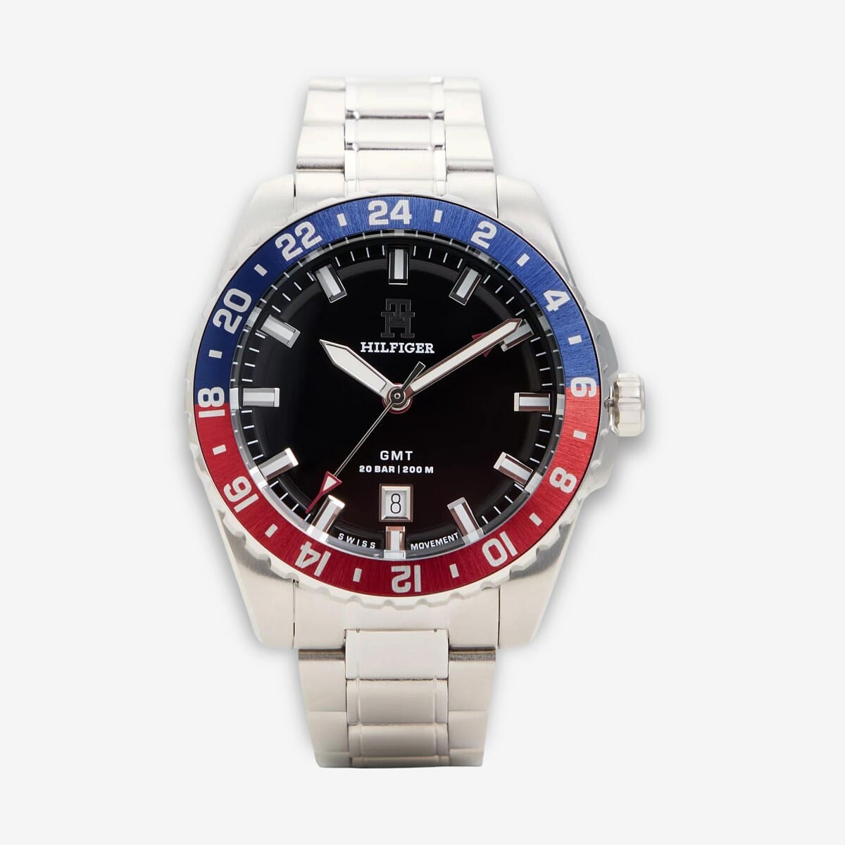 Vista frontal del Reloj Tommy Hilfiger de acero inoxidable con esfera negra y bisel GMT - 1792131