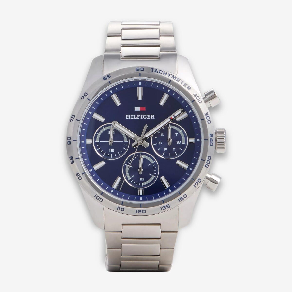 Vista frontal del Reloj Tommy Hilfiger cronógrafo de acero inoxidable con esfera azul marino y brazalete de acero - 1792278