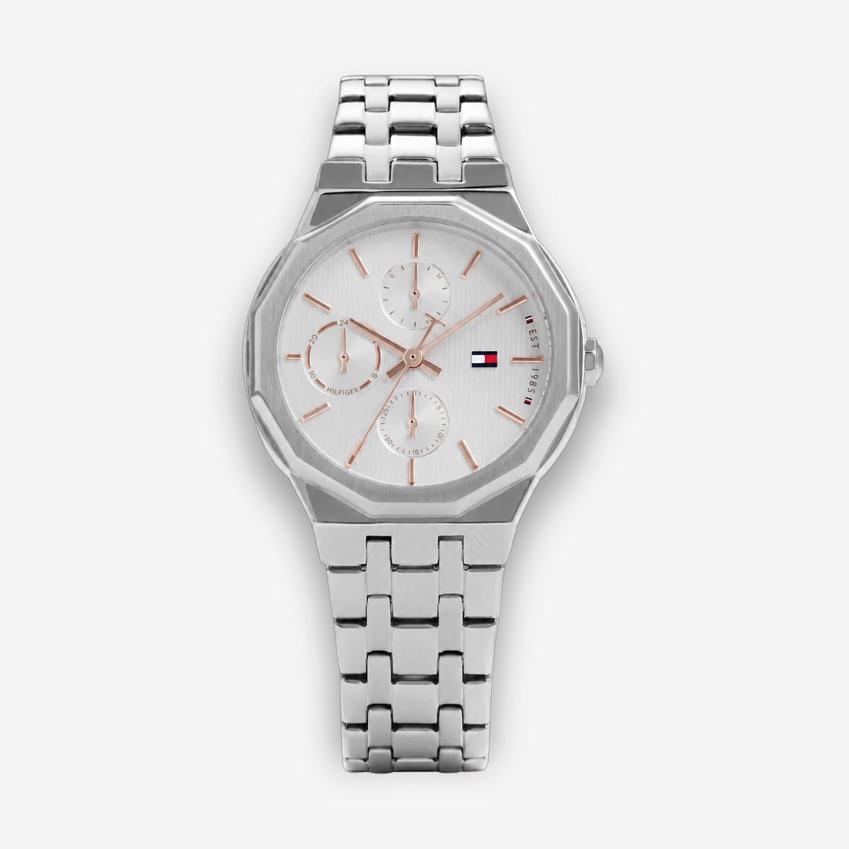 Vista frontal del Reloj Tommy Hilfiger de acero inoxidable con bisel geométrico con brazalete de acero y esfera plateada - 1782936