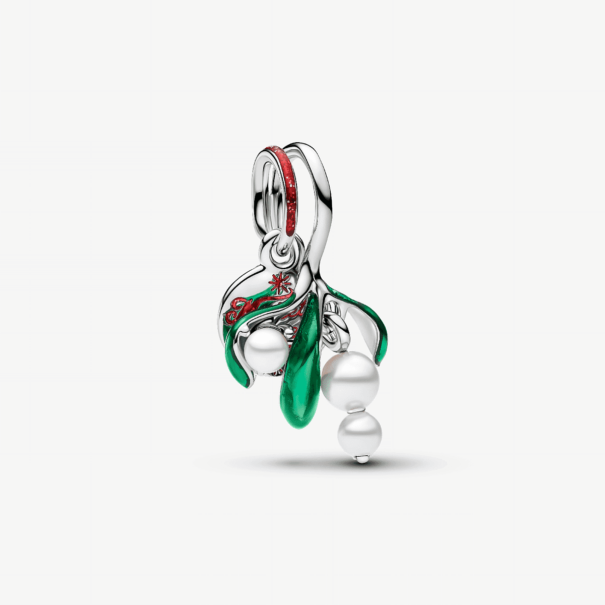Charm Colgante Pandora Muérdago en metal plateado con esmalte y perlas sintéticas, vista frontal - 735066C01