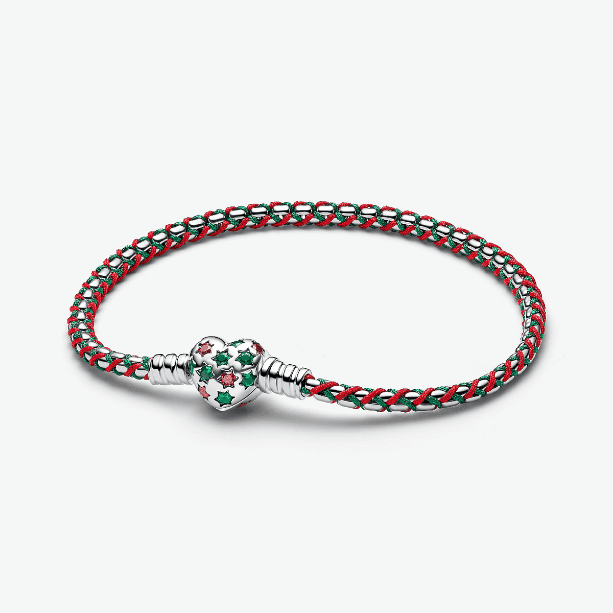 Pulsera Pandora Caja Cadena Cordón Caramelo Navideño de plata de ley y textil rojo con cierre de corazón en vista frontal - 595068C01