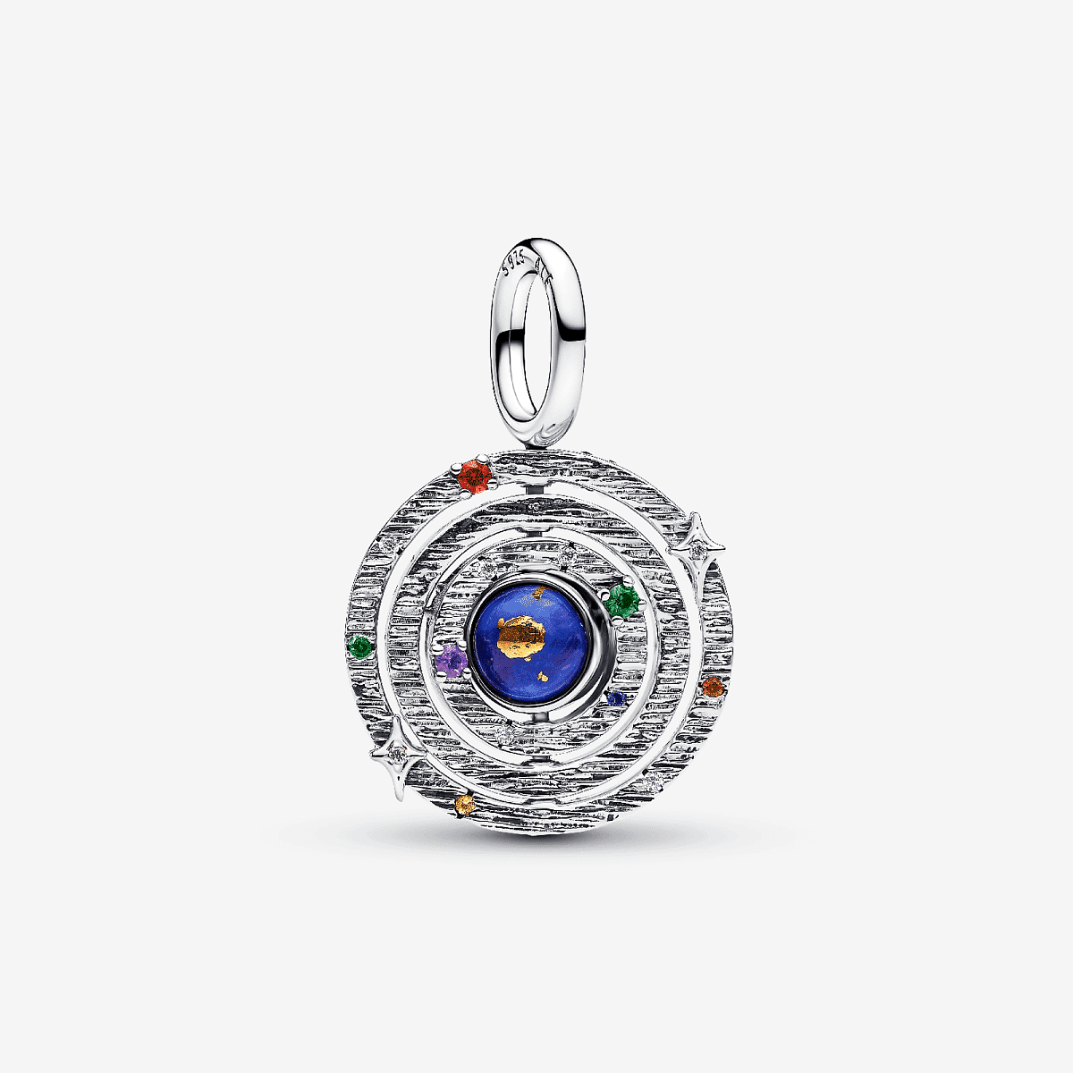 Charm Colgante Pandora Esfera Armilar Giratoria de plata con cristales y circonitas en vista frontal - 795031C01