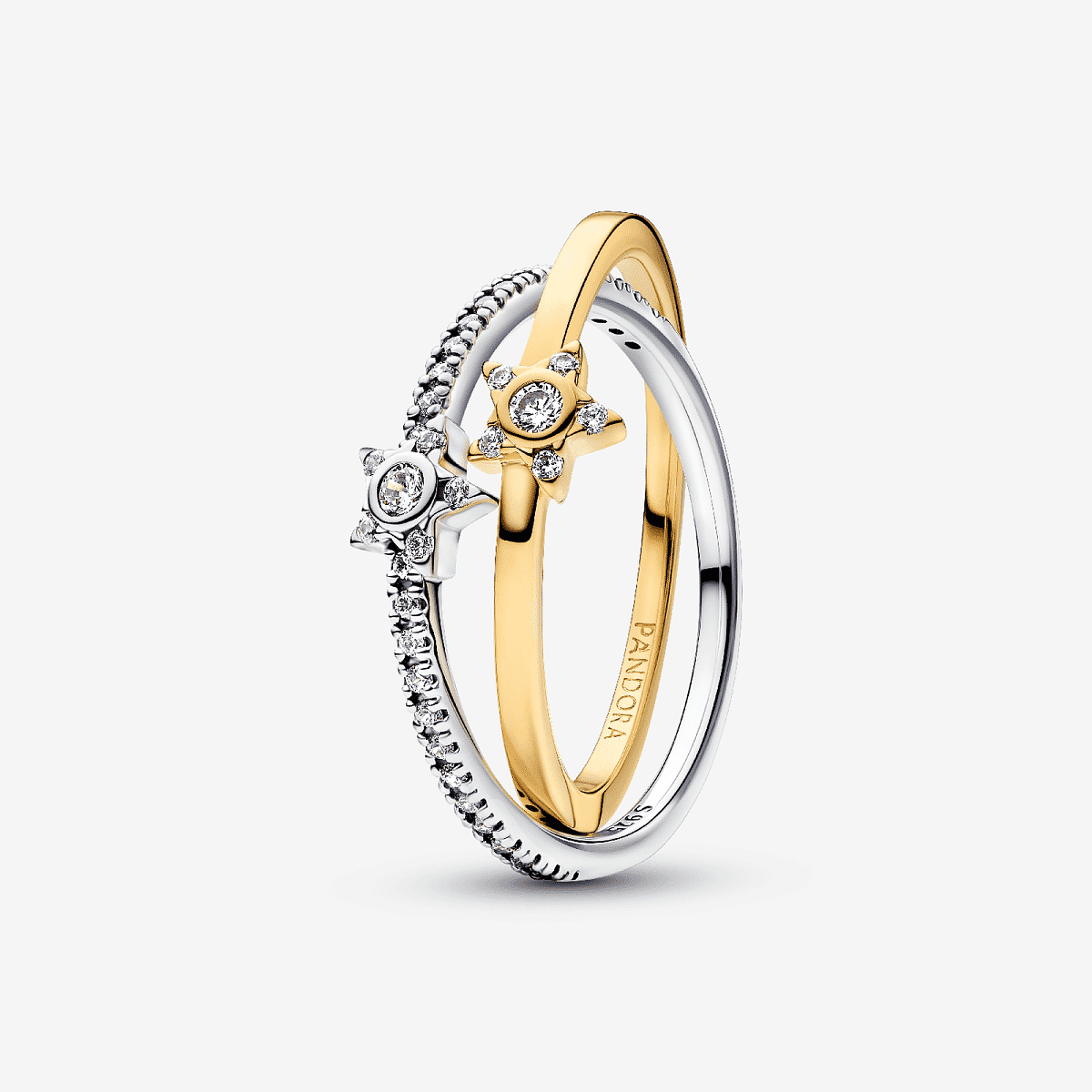 Anillo Pandora Cruzado Estrella Brillante de plata y chapado en oro con circonitas transparentes en vista frontal - 165079C01