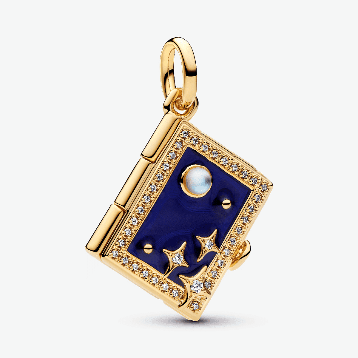 Charm Colgante Pandora Grabable con Libro Mágico con chapado en oro, esmalte azul y circonitas en vista frontal - 765049C01