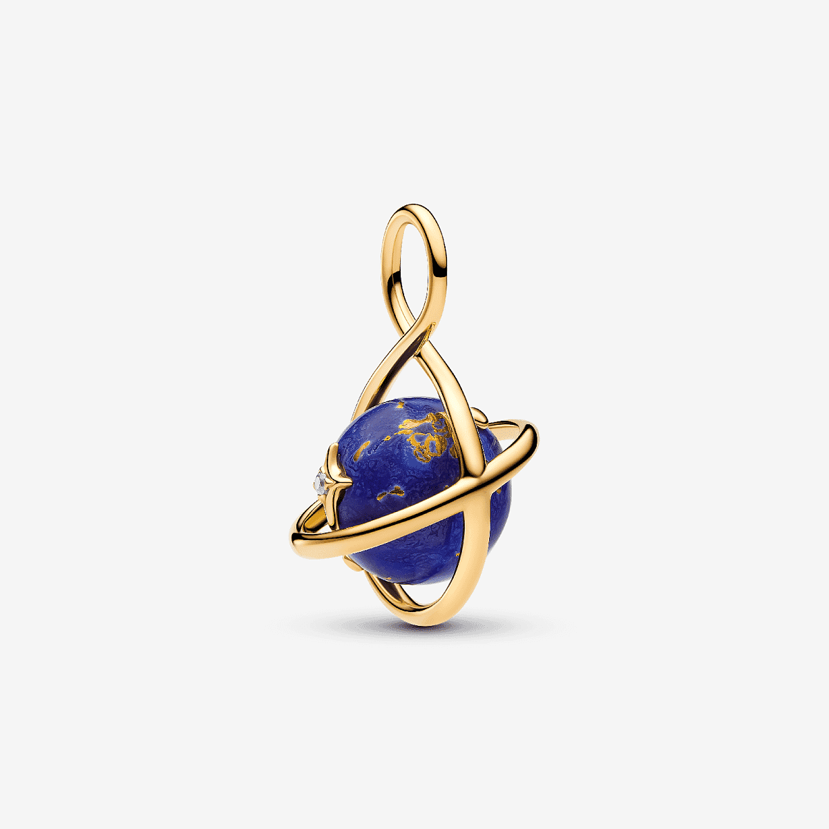 Charm Colgante Pandora Planeta Azul Celestial Giratorio de aleación de metales con chapado en oro y detalles en azul y dorado en vista frontal - 765032C01