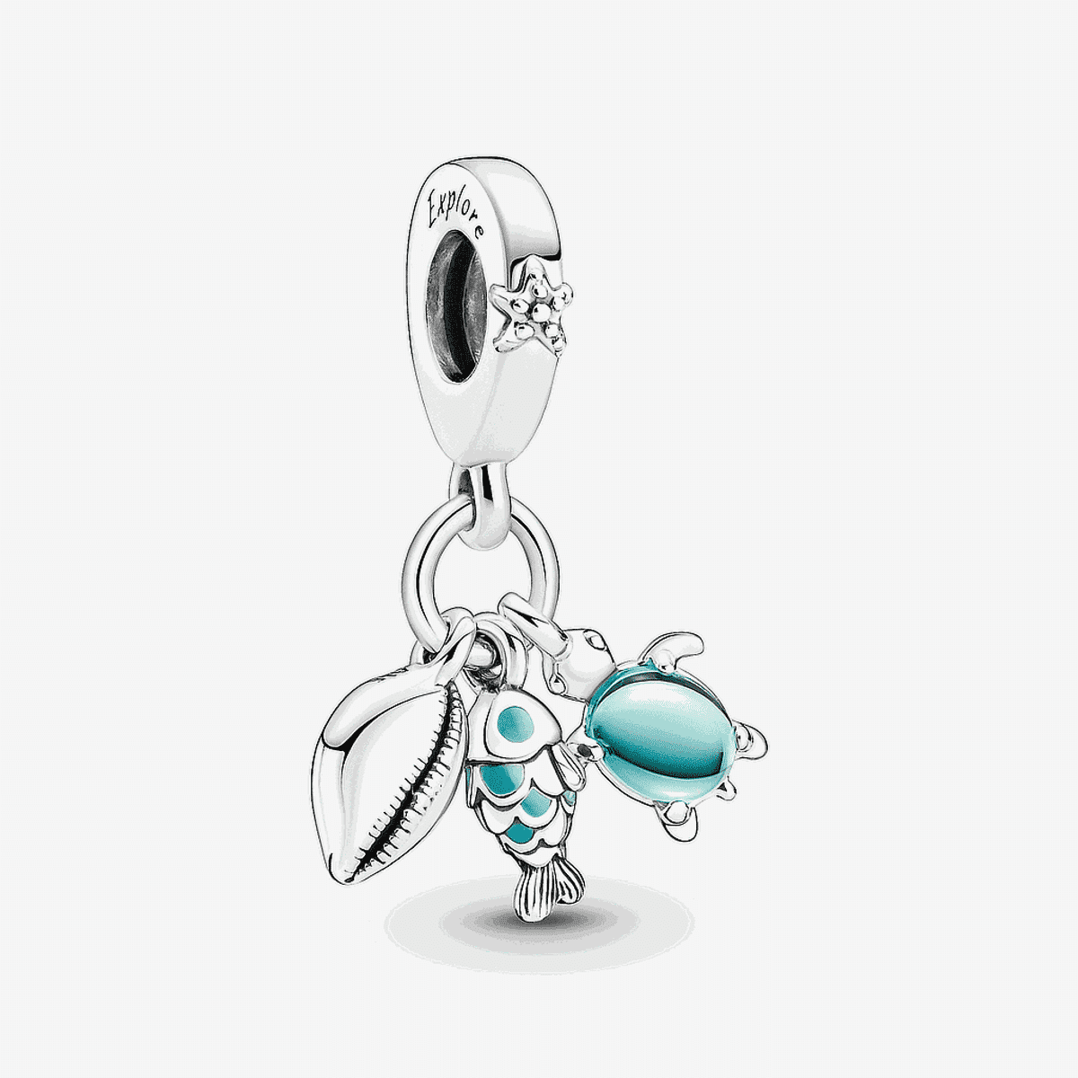 Charm colgante Pandora Triple Pez, Tortuga Marina y Concha en plata de ley con detalles en turquesa - 791697C01