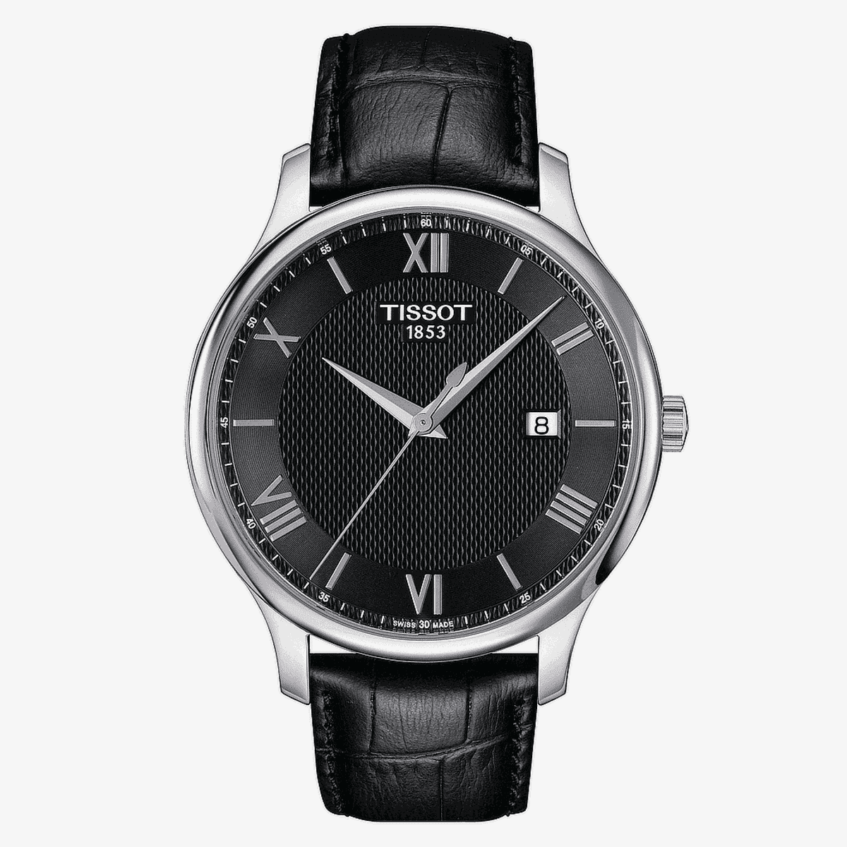 Reloj Tissot Tradition con esfera negra, caja plateada y correa de piel negra - T0636101605800