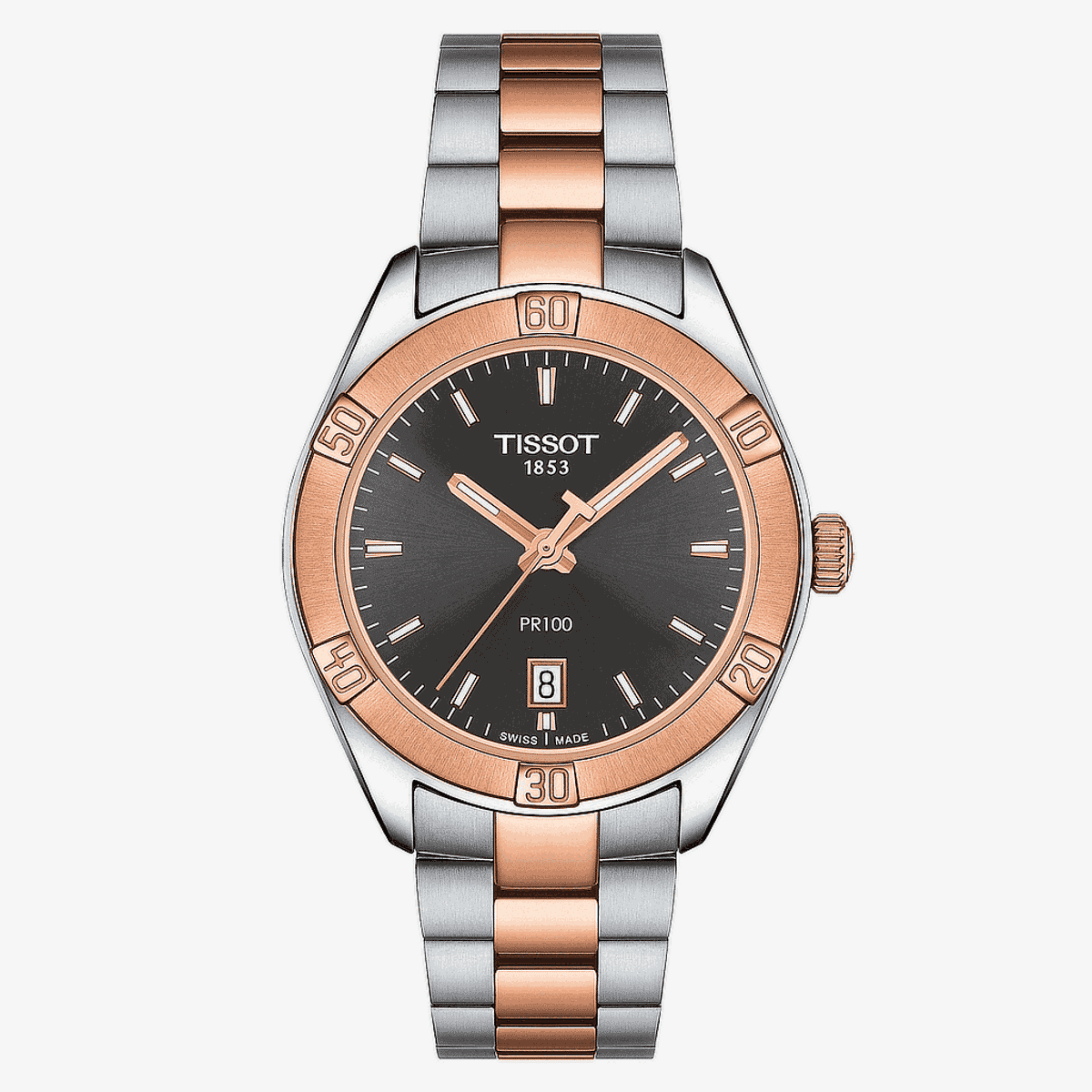 Reloj Tissot PR 100 Sport Chic bicolor con esfera gris y detalles oro rosa - T1019102206100