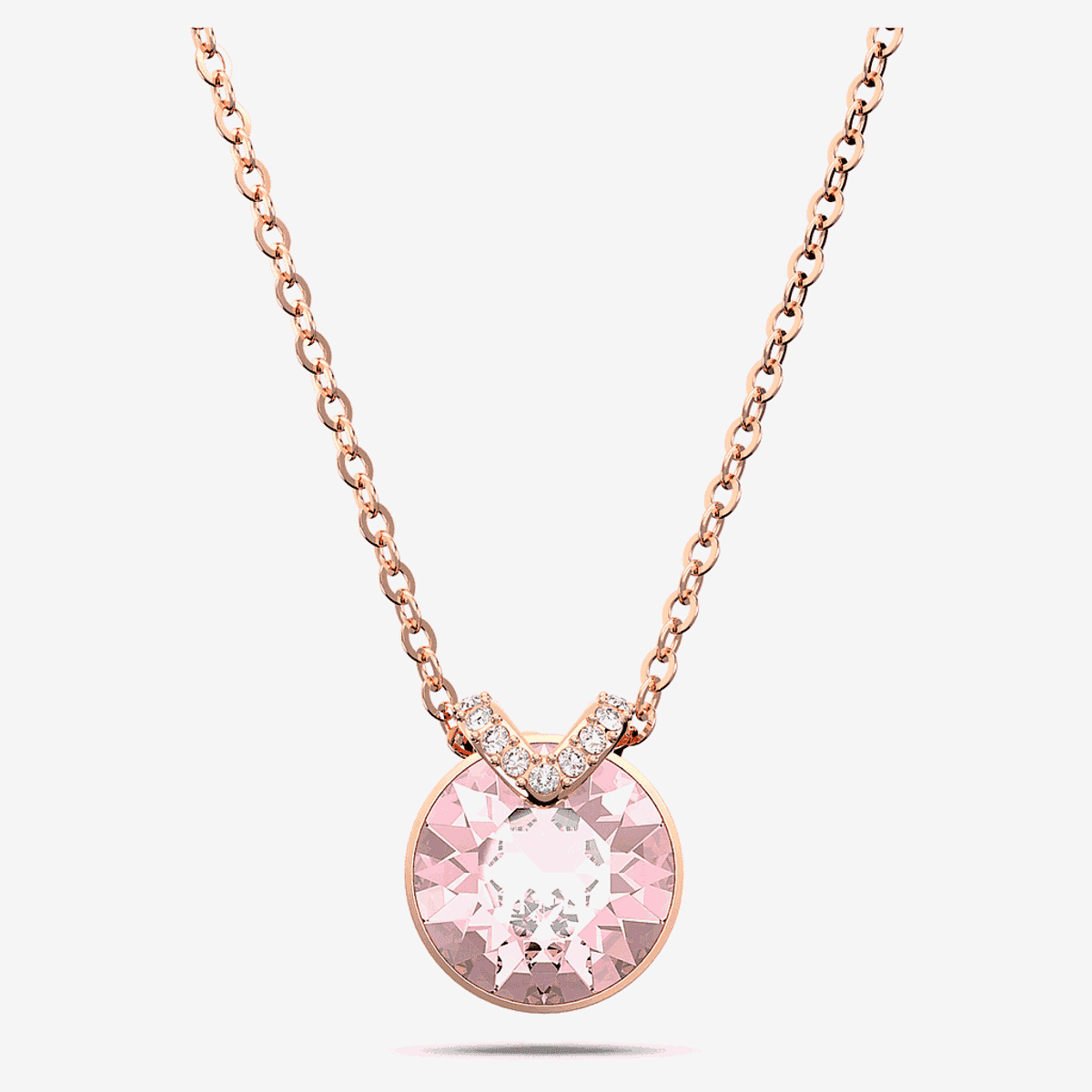 Primer plano del colgante Bella V Swarovski chapado en oro rosa con cristal rosa y detalles brillantes - 5662088