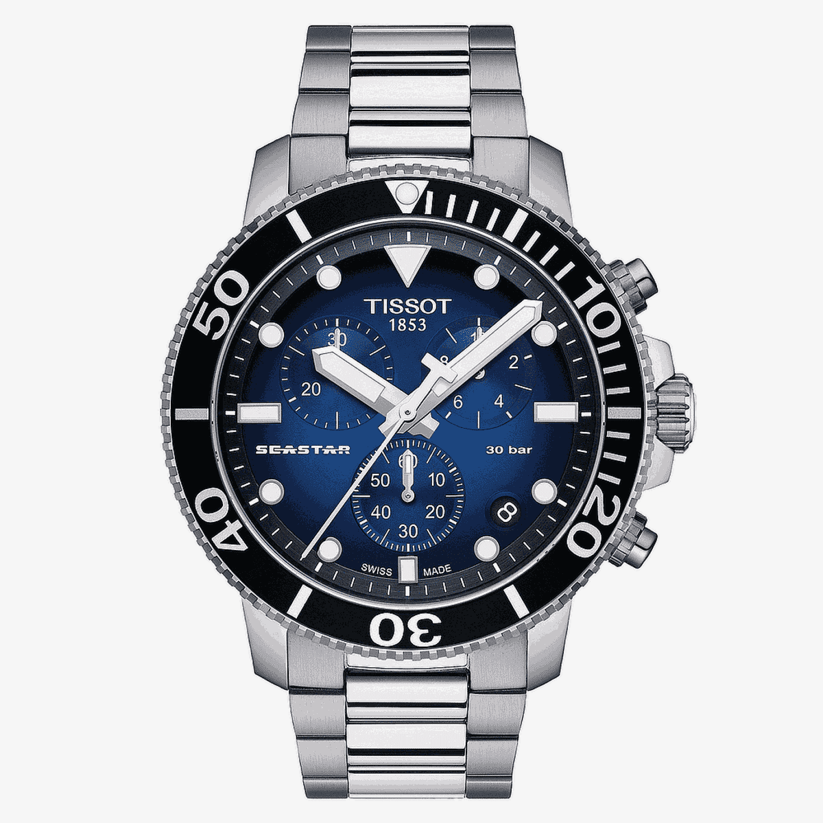 Reloj Tissot Seastar 1000 Chronograph con esfera azul, bisel negro y brazalete de acero - T1204171104101