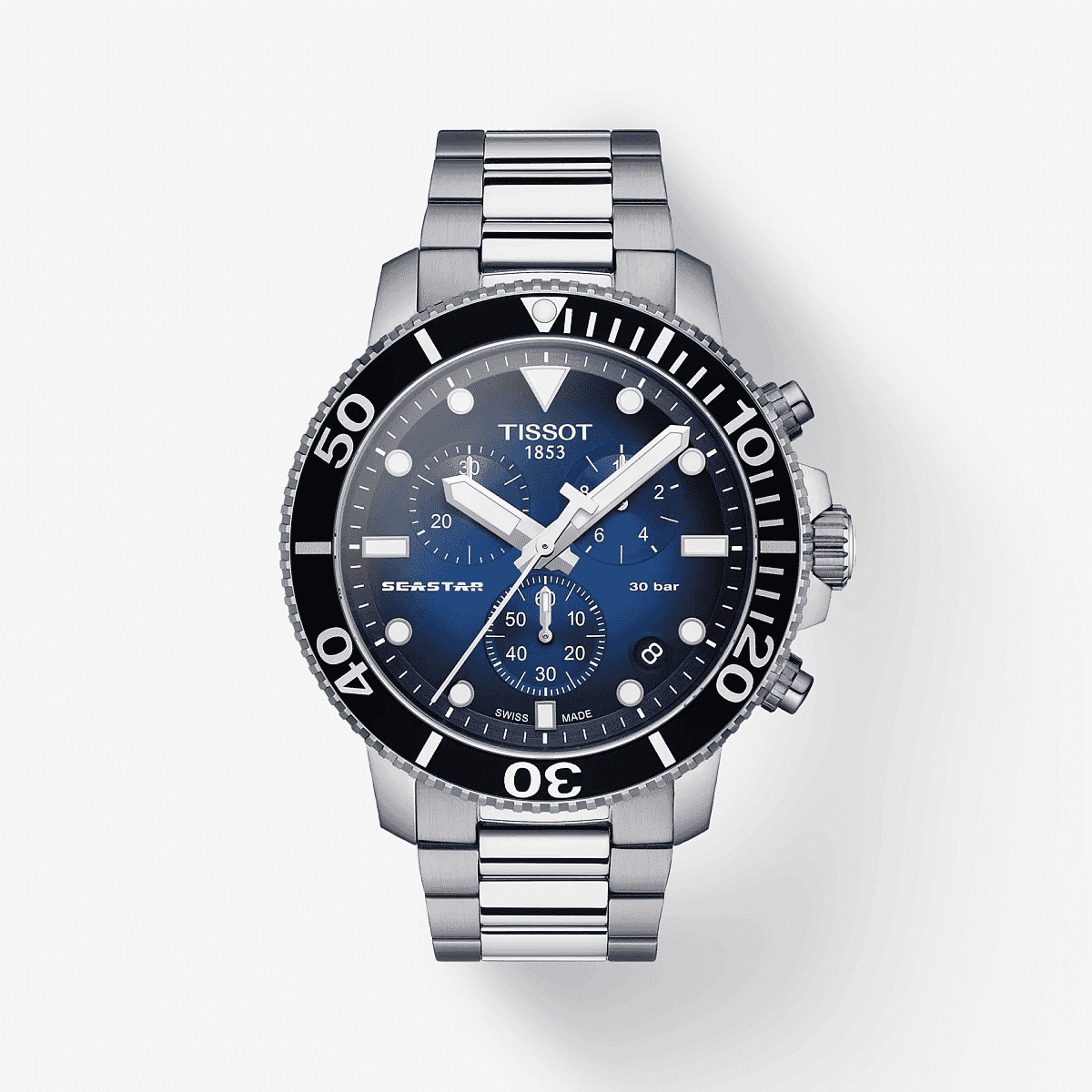 Vista frontal del Tissot Seastar 1000 Chronograph con esfera azul y brazalete de acero - T1204171104101