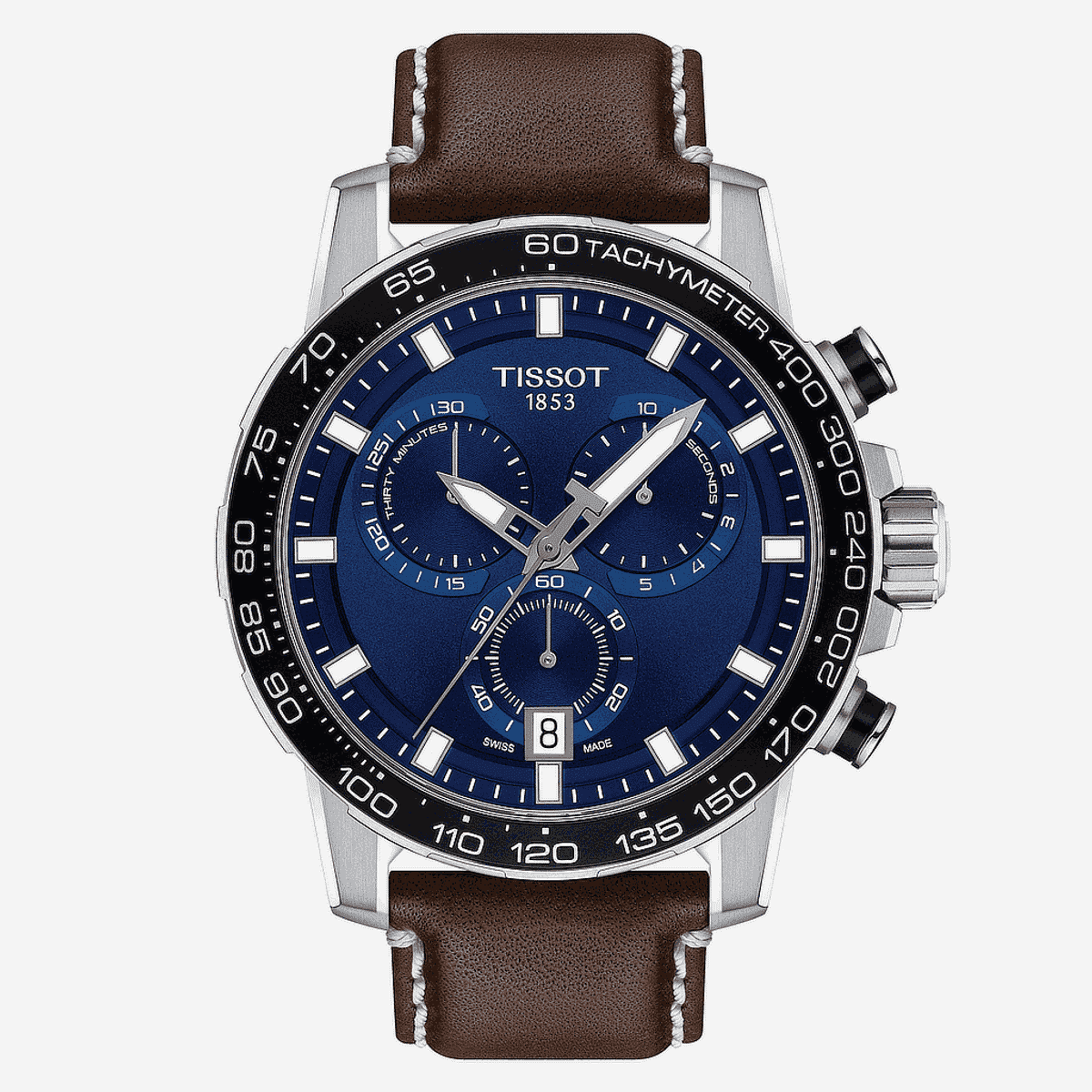 Reloj Tissot Supersport Chrono con esfera azul y correa de piel marrón - T1256171604100
