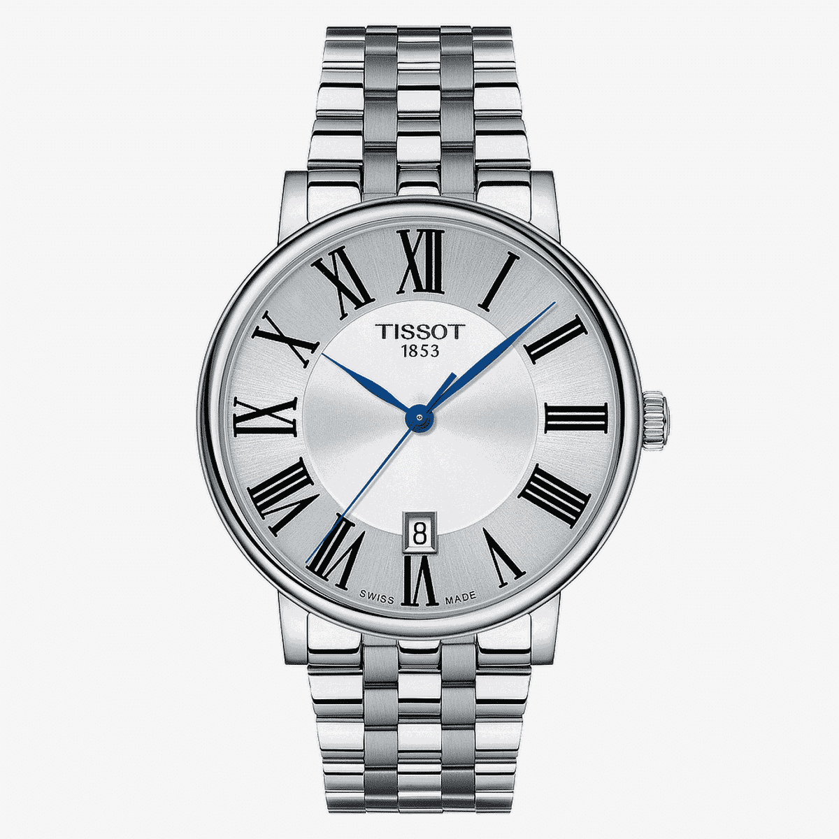 Reloj Tissot Carson Premium con esfera plateada y números romanos, brazalete de acero plateado - T1224101103300