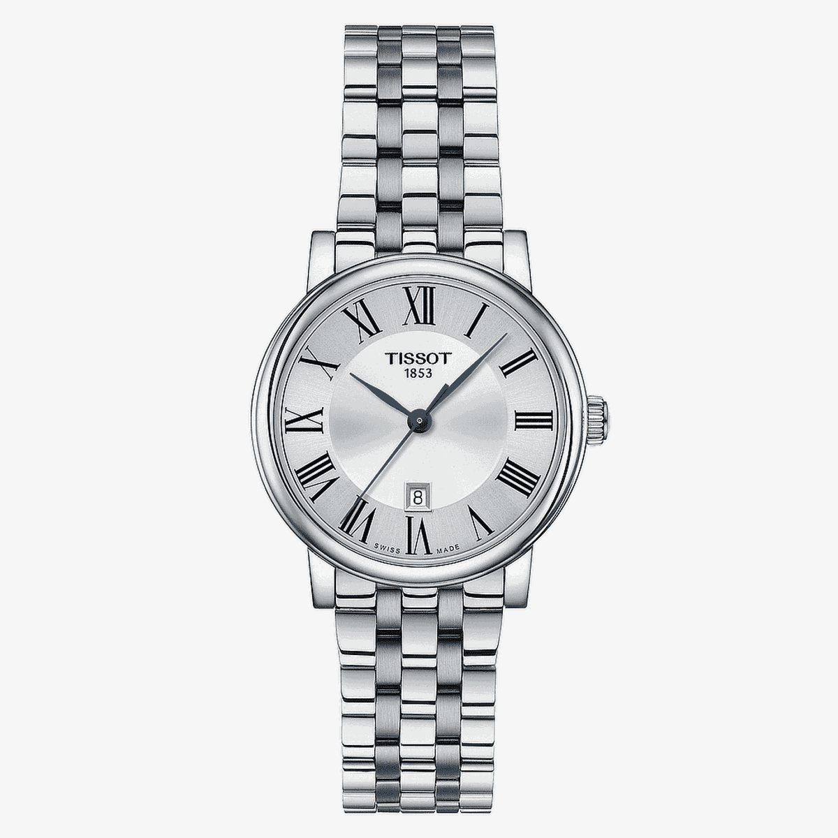 Reloj Tissot Carson Premium Lady con esfera plateada y números romanos, brazalete de acero plateado - T1222101103300
