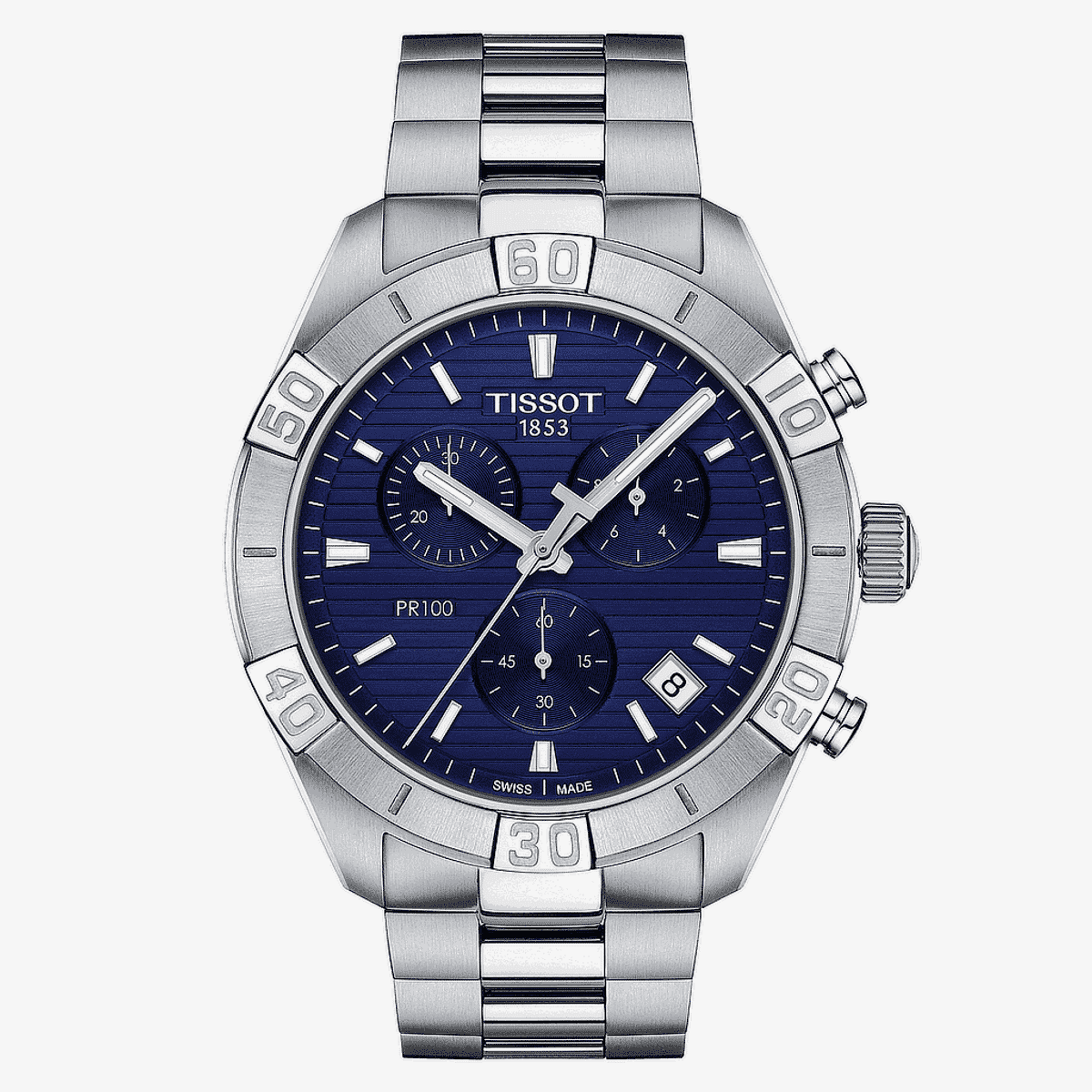 Reloj Tissot PR 100 Sport Gent Chronograph con esfera azul y bisel plateado, brazalete de acero - T1016171104100