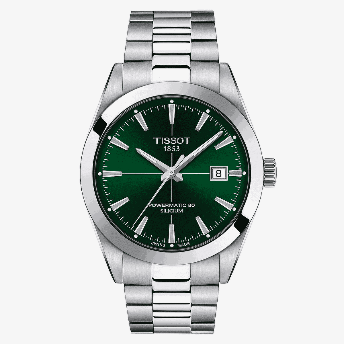 Vista frontal del Tissot Gentleman Powermatic 80 Silicium con esfera verde y brazalete de acero - T1274071109101