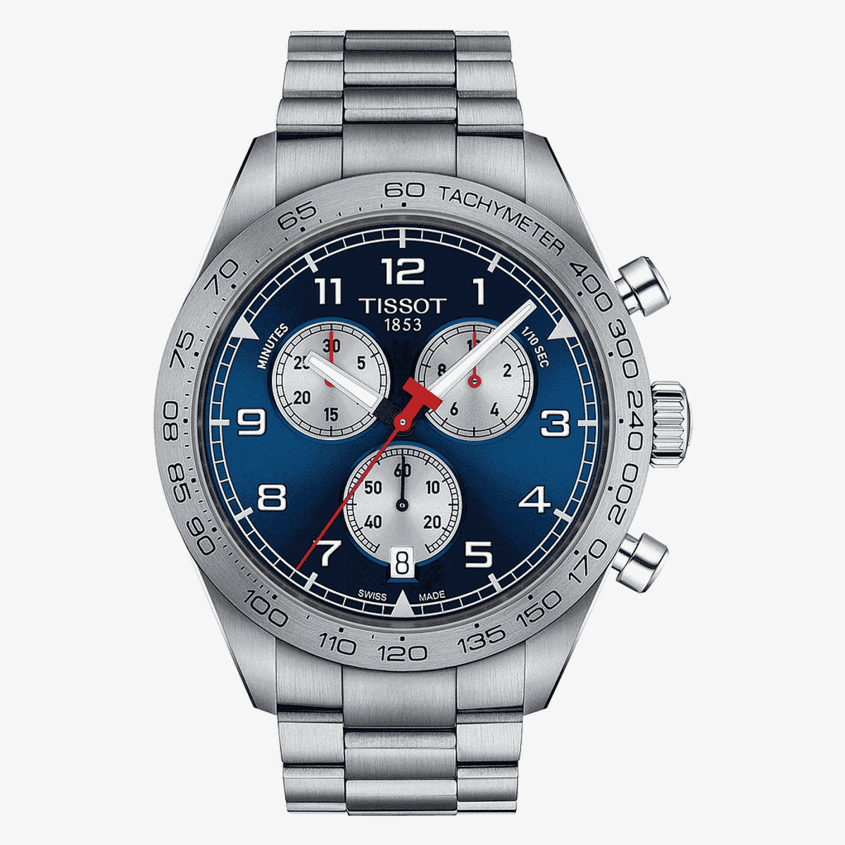 Vista frontal del Tissot PRS 516 Chronograph con esfera azul y brazalete de acero - T1316171104200
