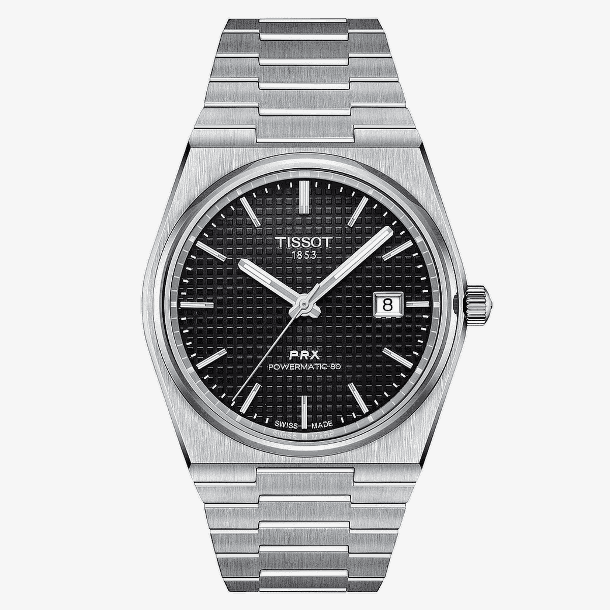 Vista frontal del Reloj Tissot PRX Powermatic 80 con esfera negra y brazalete de acero - T1374071105100