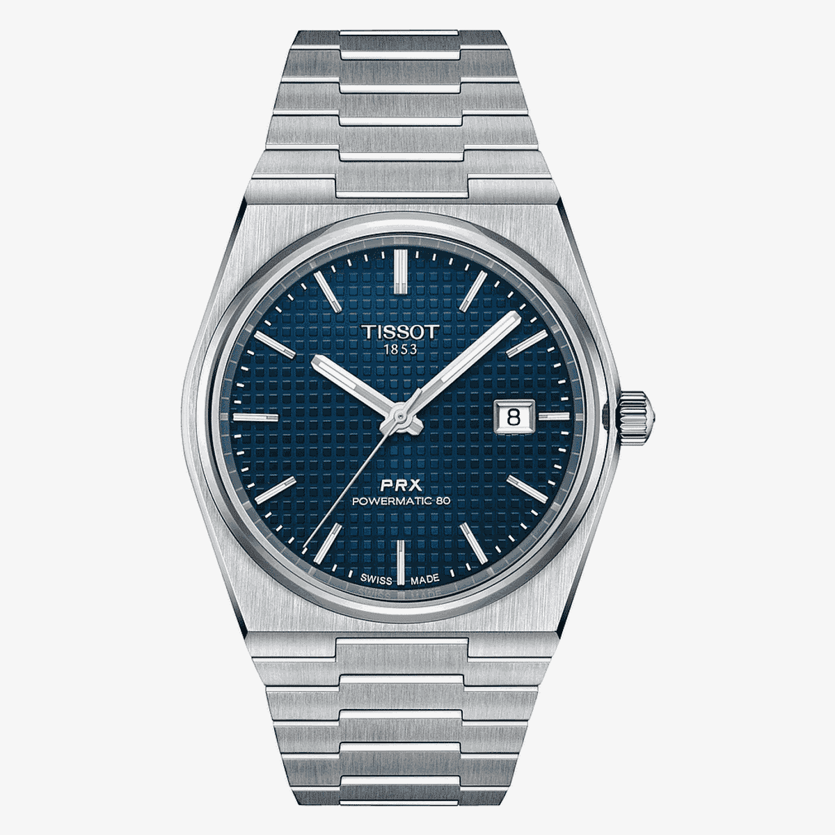 Vista frontal del Reloj Tissot PRX Powermatic 80 con esfera azul y brazalete de acero - T1374071104100