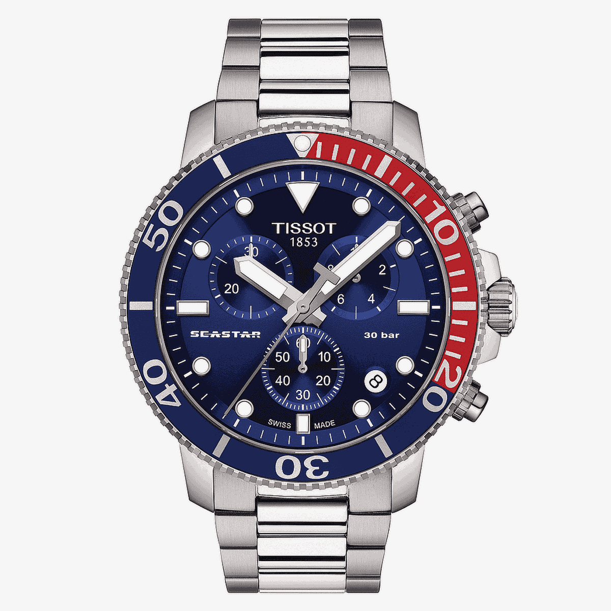Vista frontal del Reloj Tissot Seastar 1000 Chronograph con esfera azul y bisel rojo/azul - T1204171104103