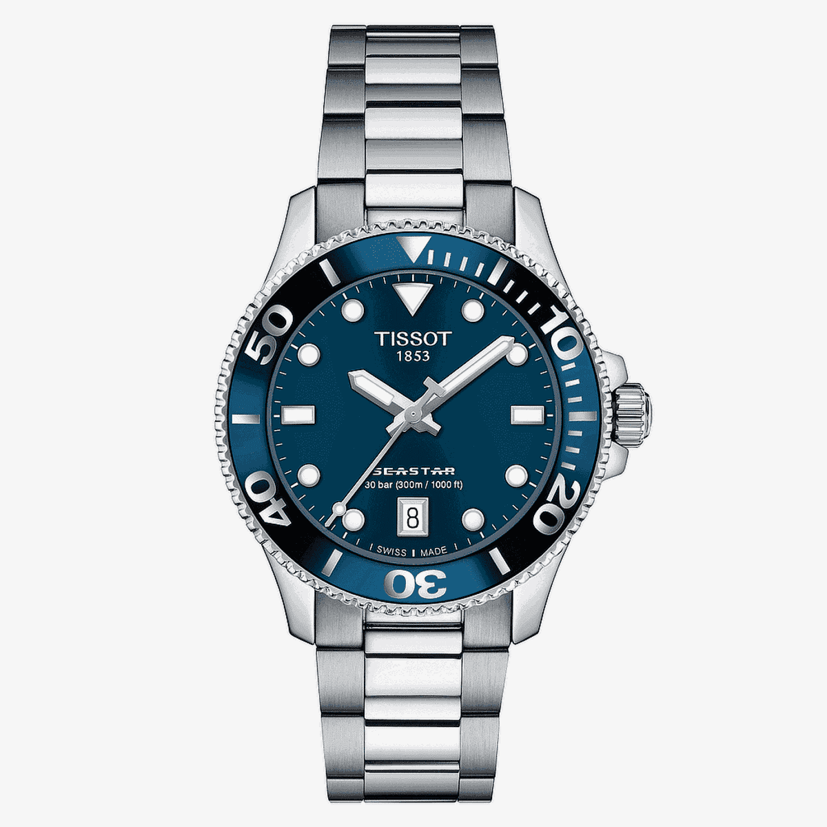 Vista frontal del Reloj Tissot Seastar 1000 36mm con esfera azul y brazalete de acero - T1202101104100