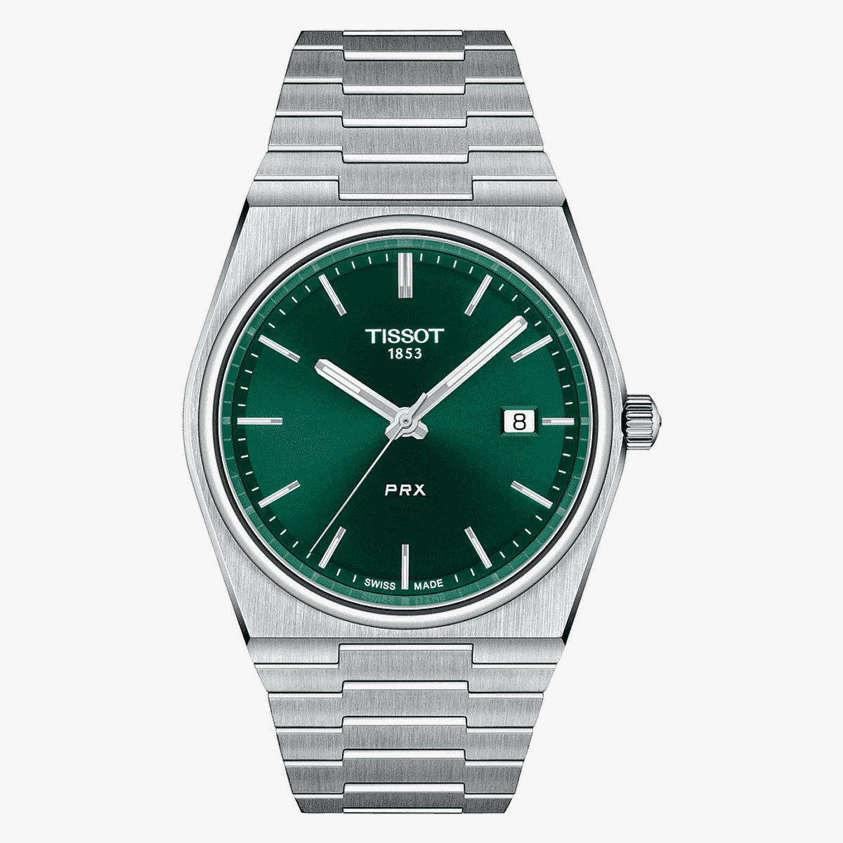 Vista frontal del Reloj Tissot PRX con esfera verde y brazalete de acero - T1374101109100