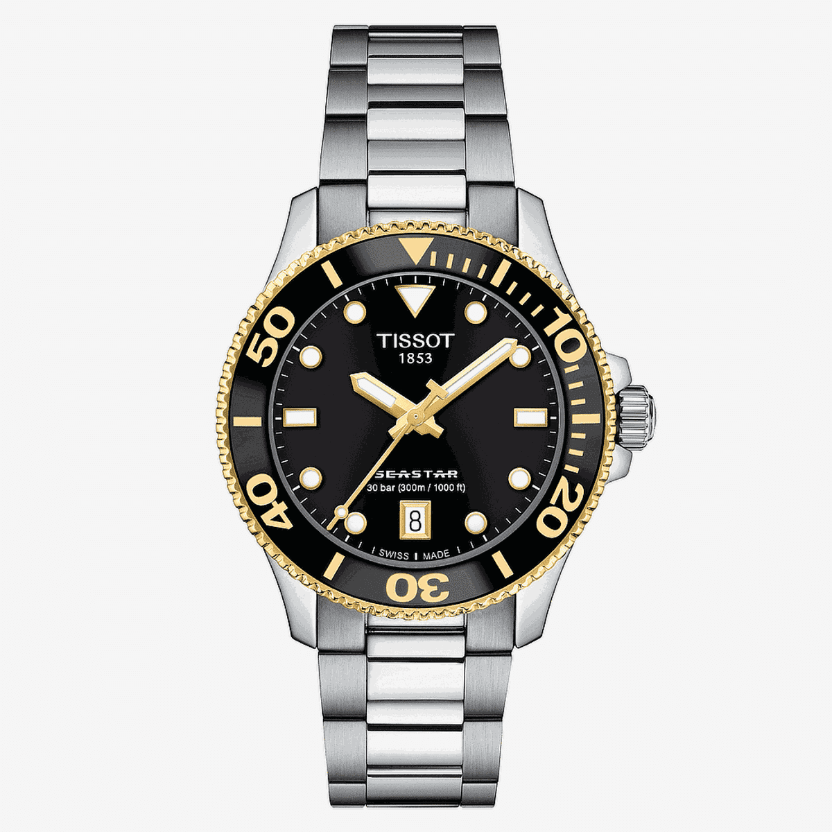 Vista frontal del Reloj Tissot Seastar 1000 36mm con esfera negra y detalles dorados - T1202102105100