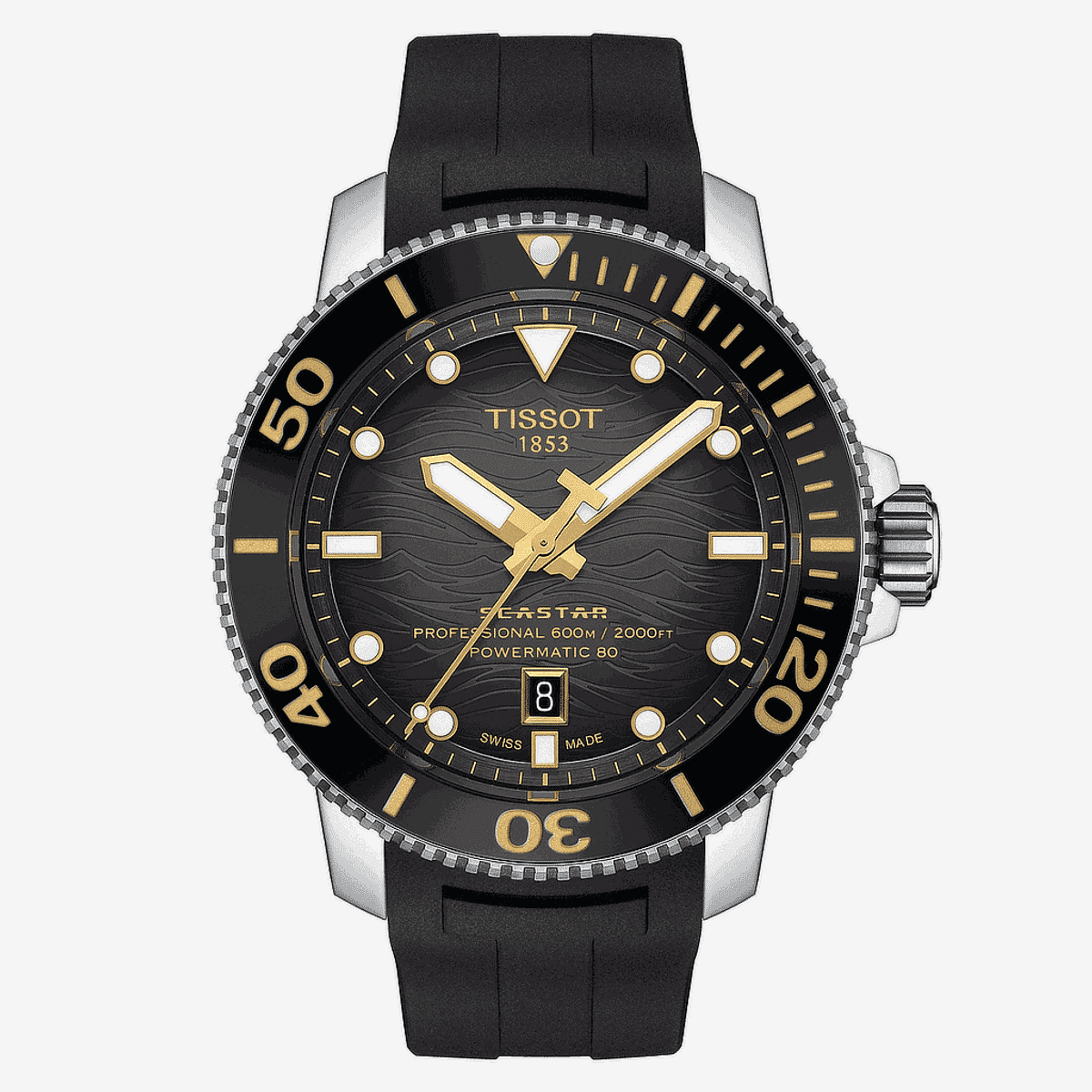 Reloj Tissot Seastar 2000 Professional con esfera negra y bisel negro con detalles dorados - T1206071744101