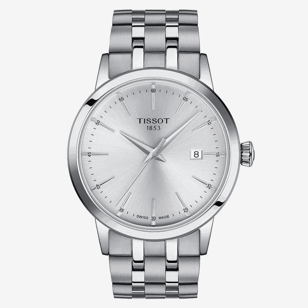Vista frontal del Reloj Tissot Classic Dream plateado con esfera plateada y brazalete de acero - T1294101103100