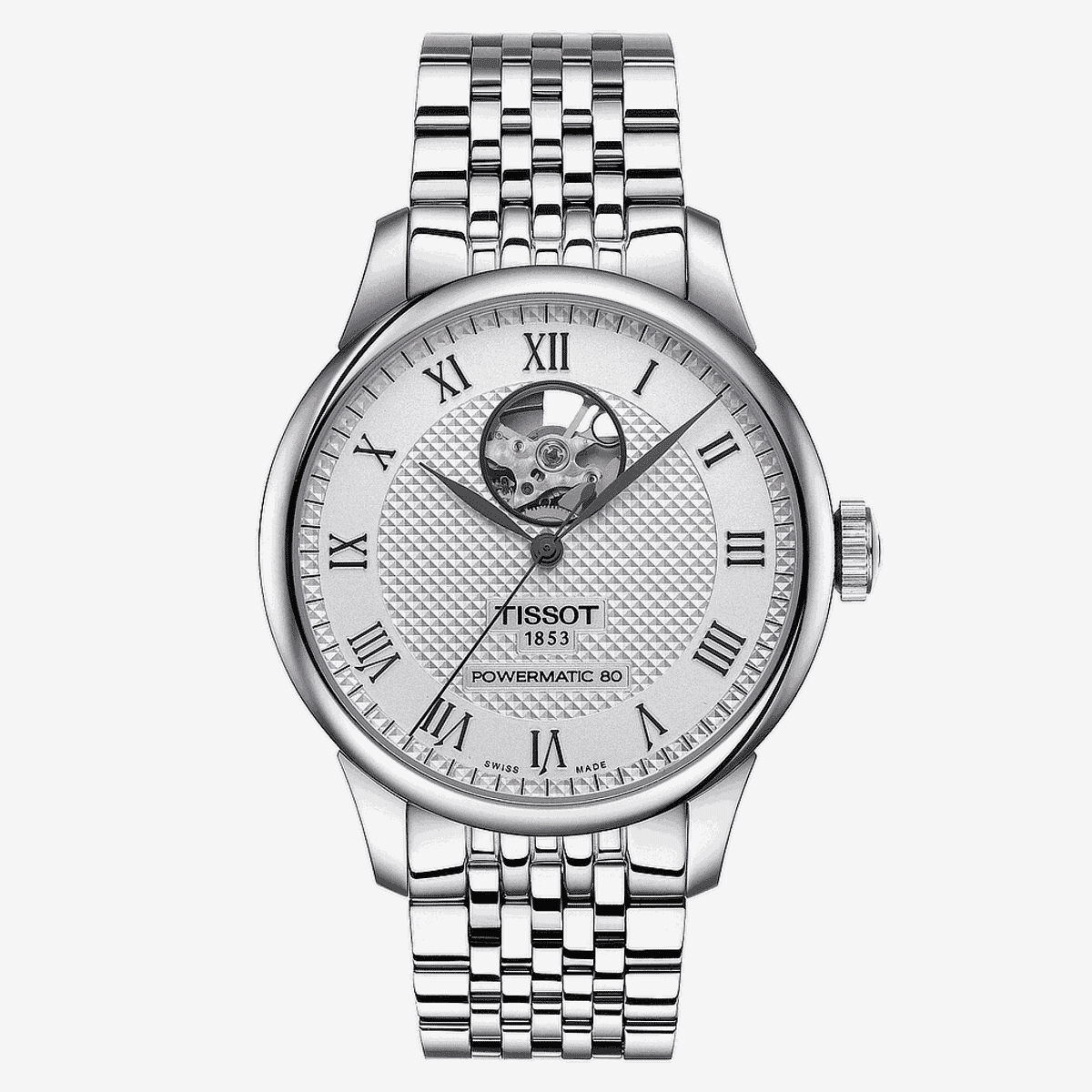 Vista frontal del Reloj Tissot Le Locle Powermatic 80 Open Heart plateado con esfera plateada y brazalete de acero - T0064071103302