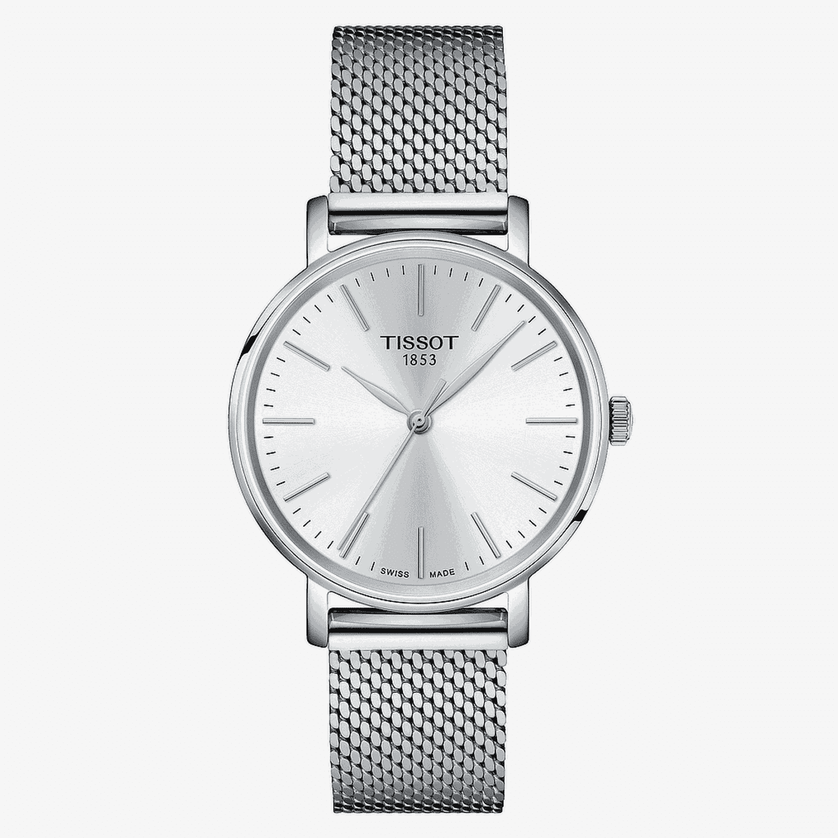 Vista frontal del Reloj Tissot Everytime Lady plateado con esfera plateada y brazalete de malla milanesa - T1432101101100