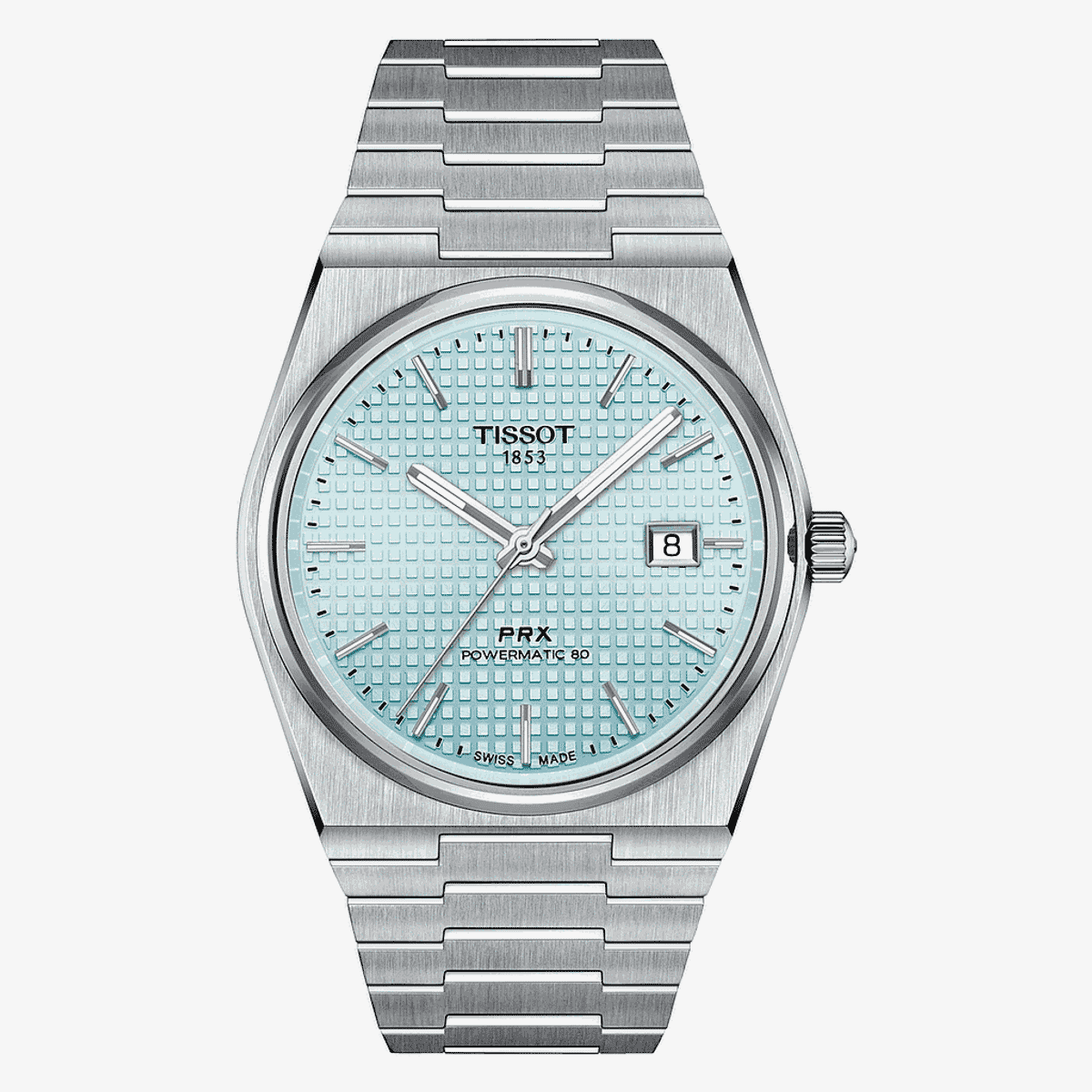 Reloj Tissot PRX Powermatic 80 con esfera azul claro y brazalete plateado de acero - T1374071135100