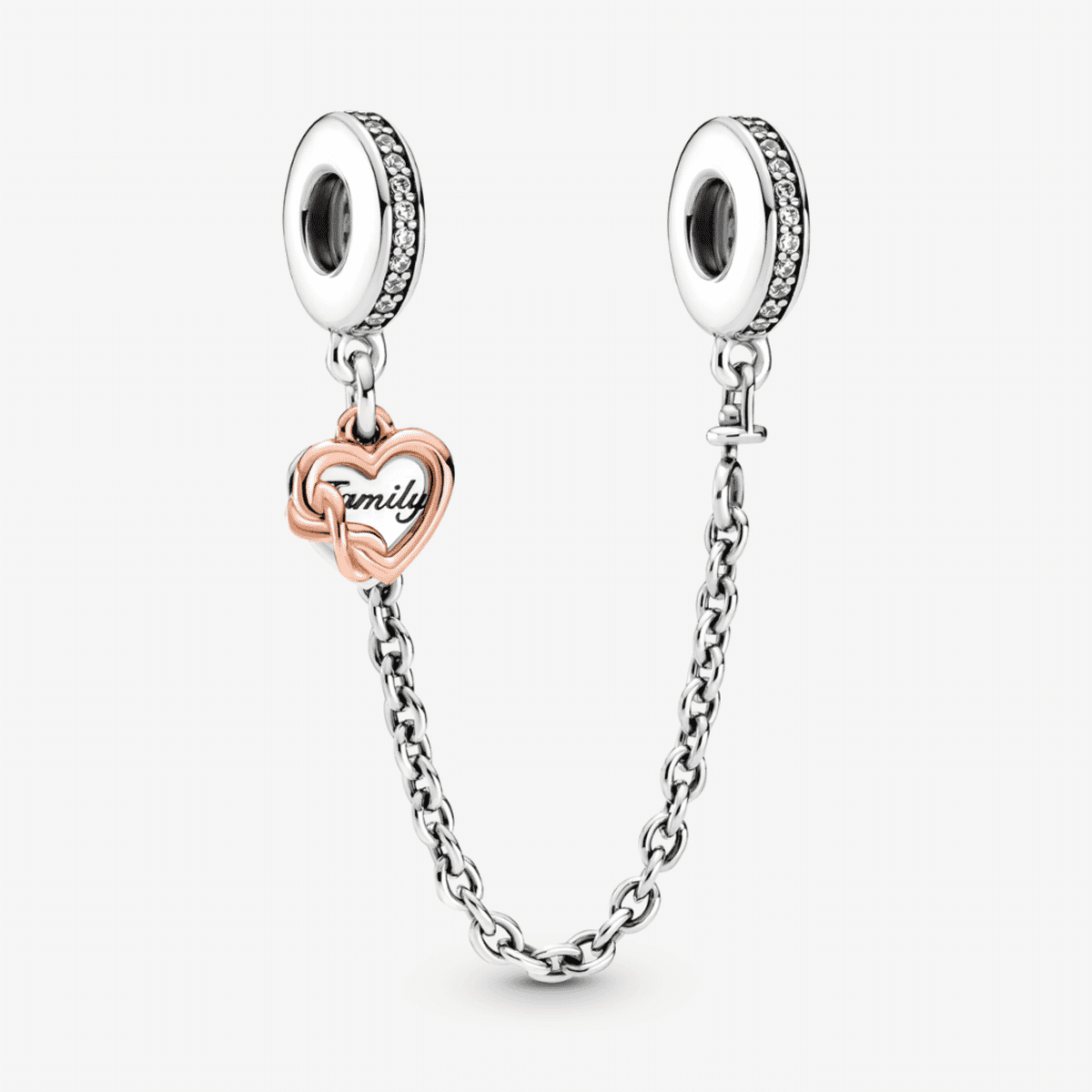 Cadena de seguridad Pandora en plata con corazón familiar chapado en oro rosa - 789541C01-05