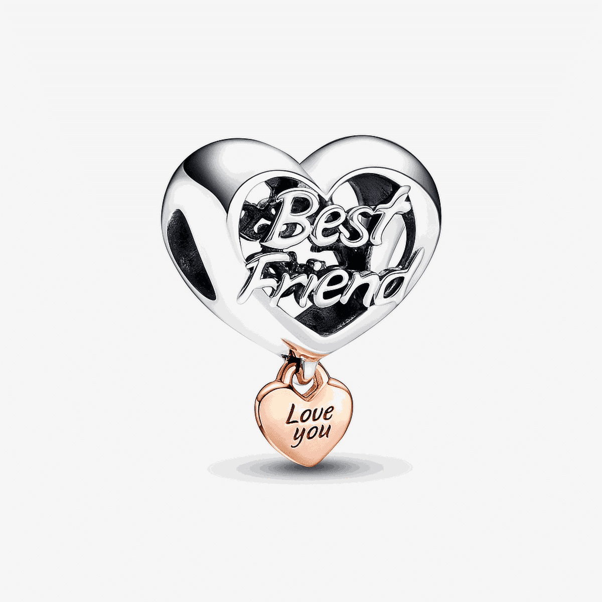 Charm Pandora en plata de ley con diseño de corazón 'Best Friend' y detalle colgante en oro rosado con texto 'Love you' - 782243C00