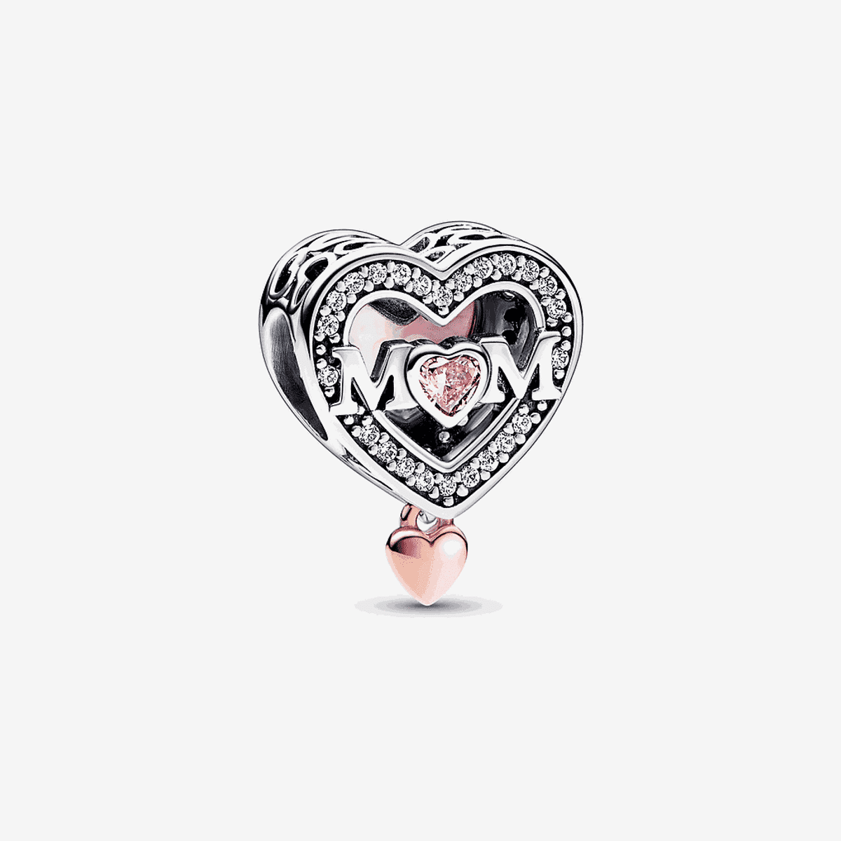 Charm Pandora en plata con detalles en oro rosa de corazón con texto 'MOM' y cristales brillantes - 782653C01