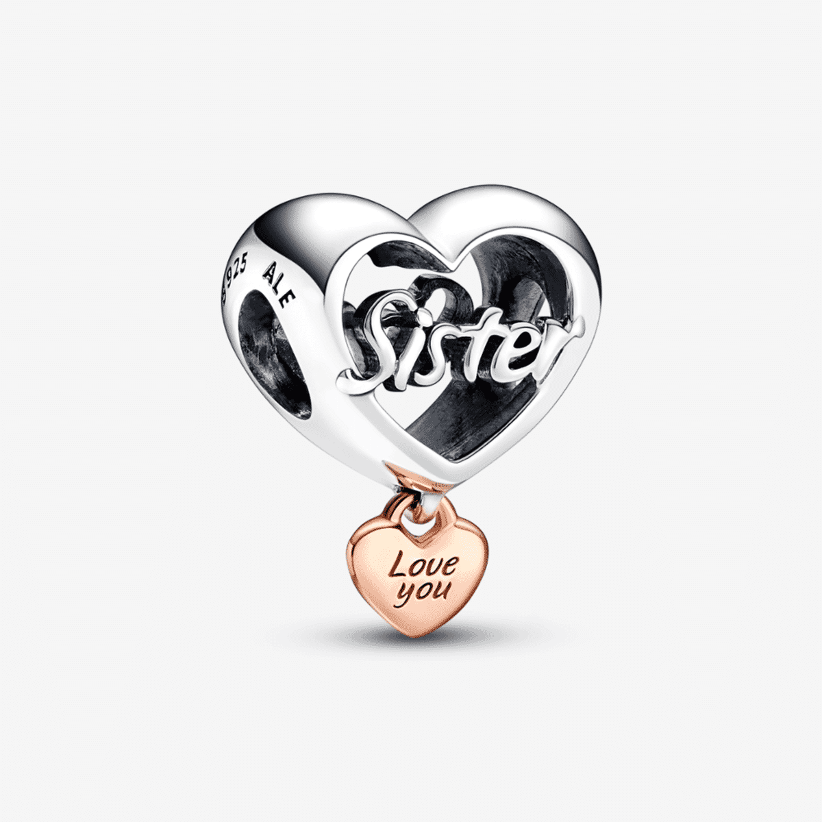 Charm Pandora en plata con corazón 'Sister' y detalle en oro rosa - 782244C00